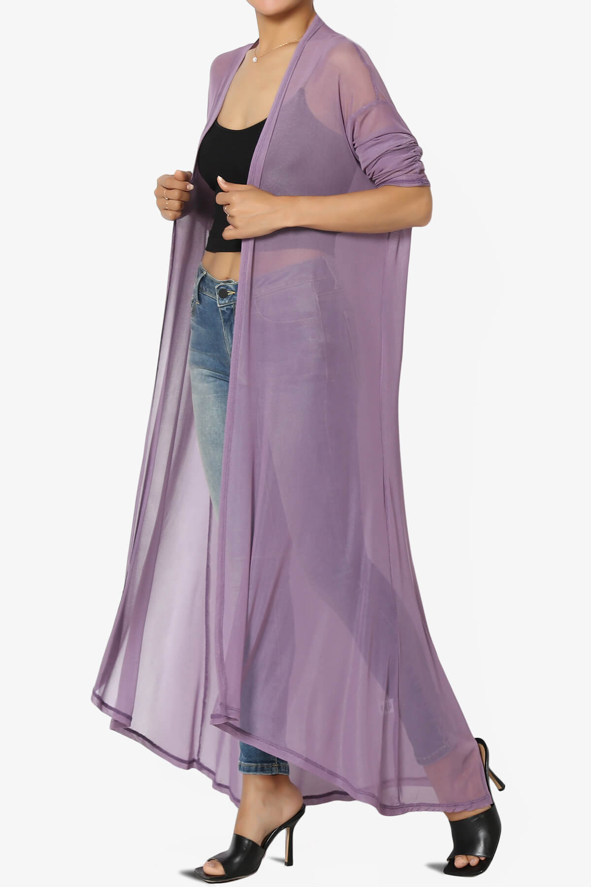 Load image into Gallery viewer, Moxxi Sheer Mesh Open Cardigan Duster LILAC GREY_1
