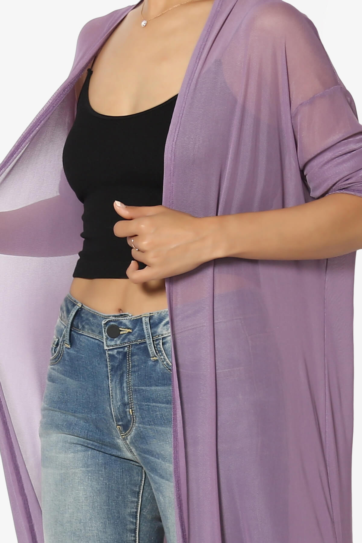 Load image into Gallery viewer, Moxxi Sheer Mesh Open Cardigan Duster LILAC GREY_5
