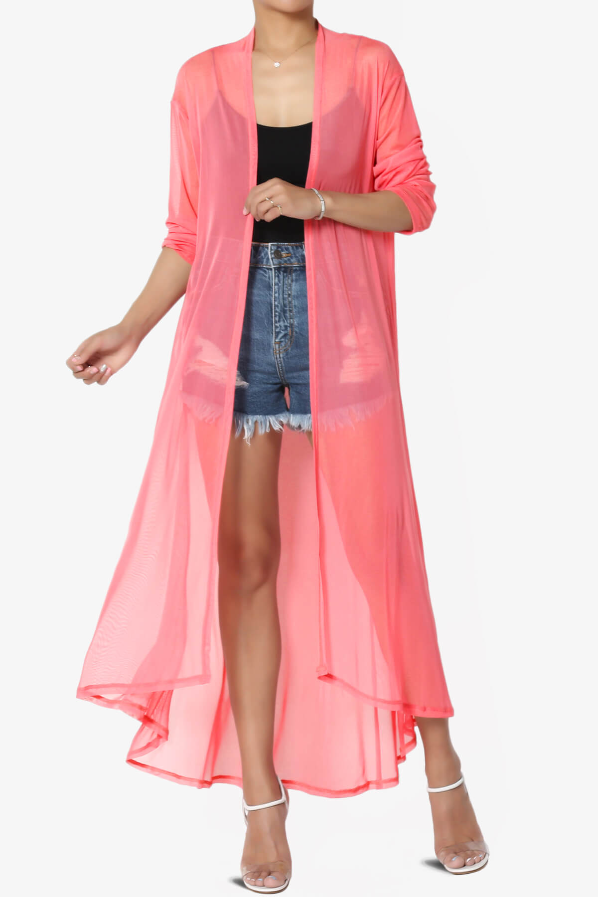 Moxxi Sheer Mesh Open Cardigan Duster NEON CORAL PINK_1