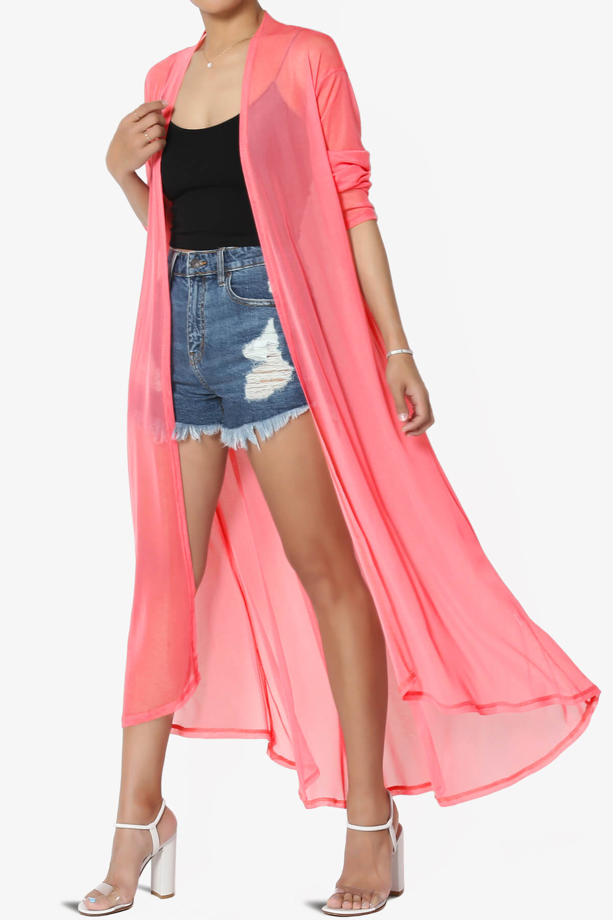 Load image into Gallery viewer, Moxxi Sheer Mesh Open Cardigan Duster NEON CORAL PINK_3

