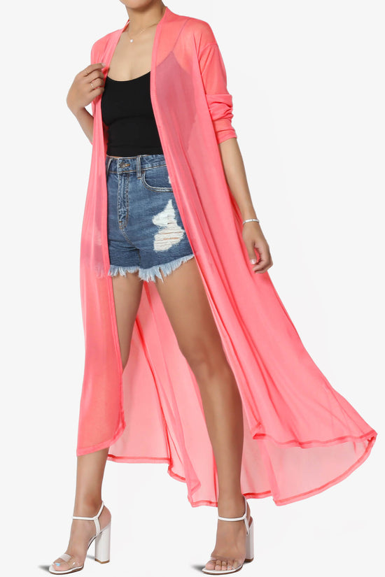 Moxxi Sheer Mesh Open Cardigan Duster NEON CORAL PINK_3