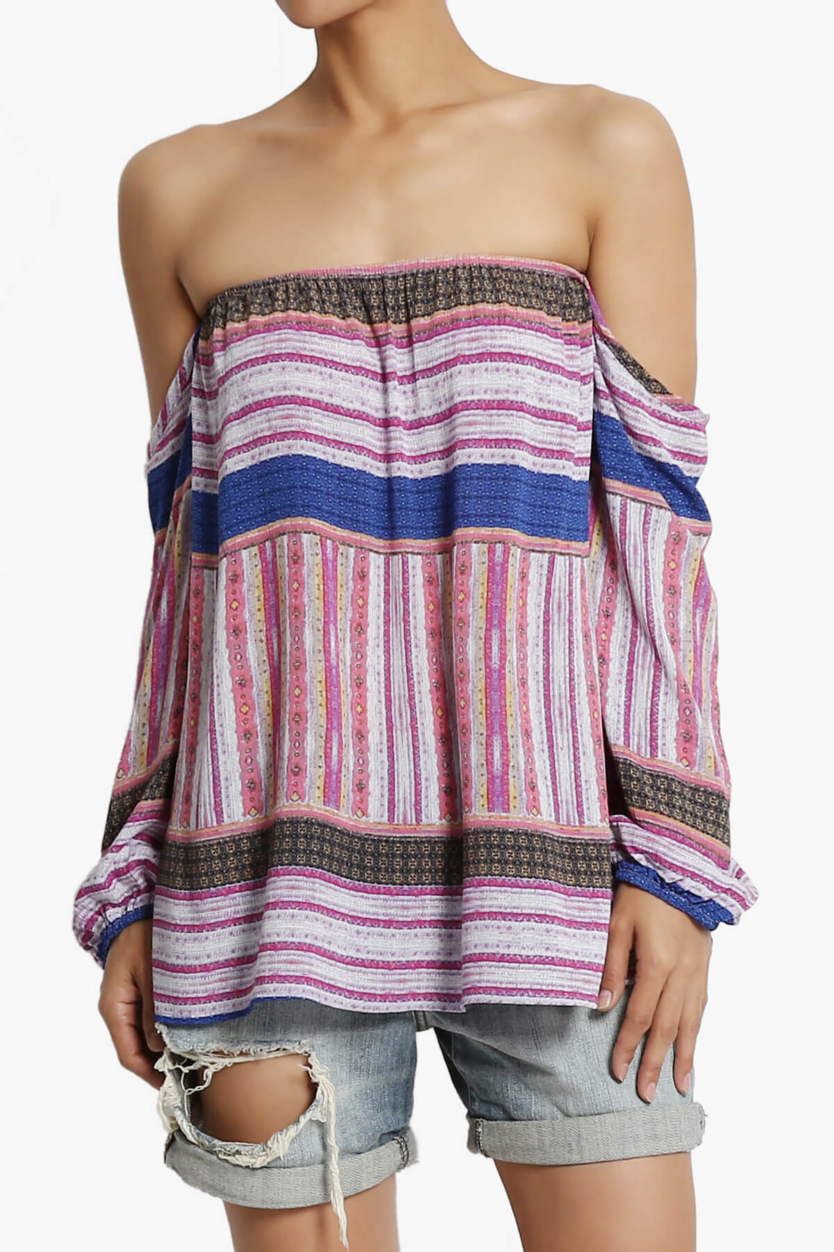 Load image into Gallery viewer, Bali Border Print Off Shoulder Blouse PURPLE_1

