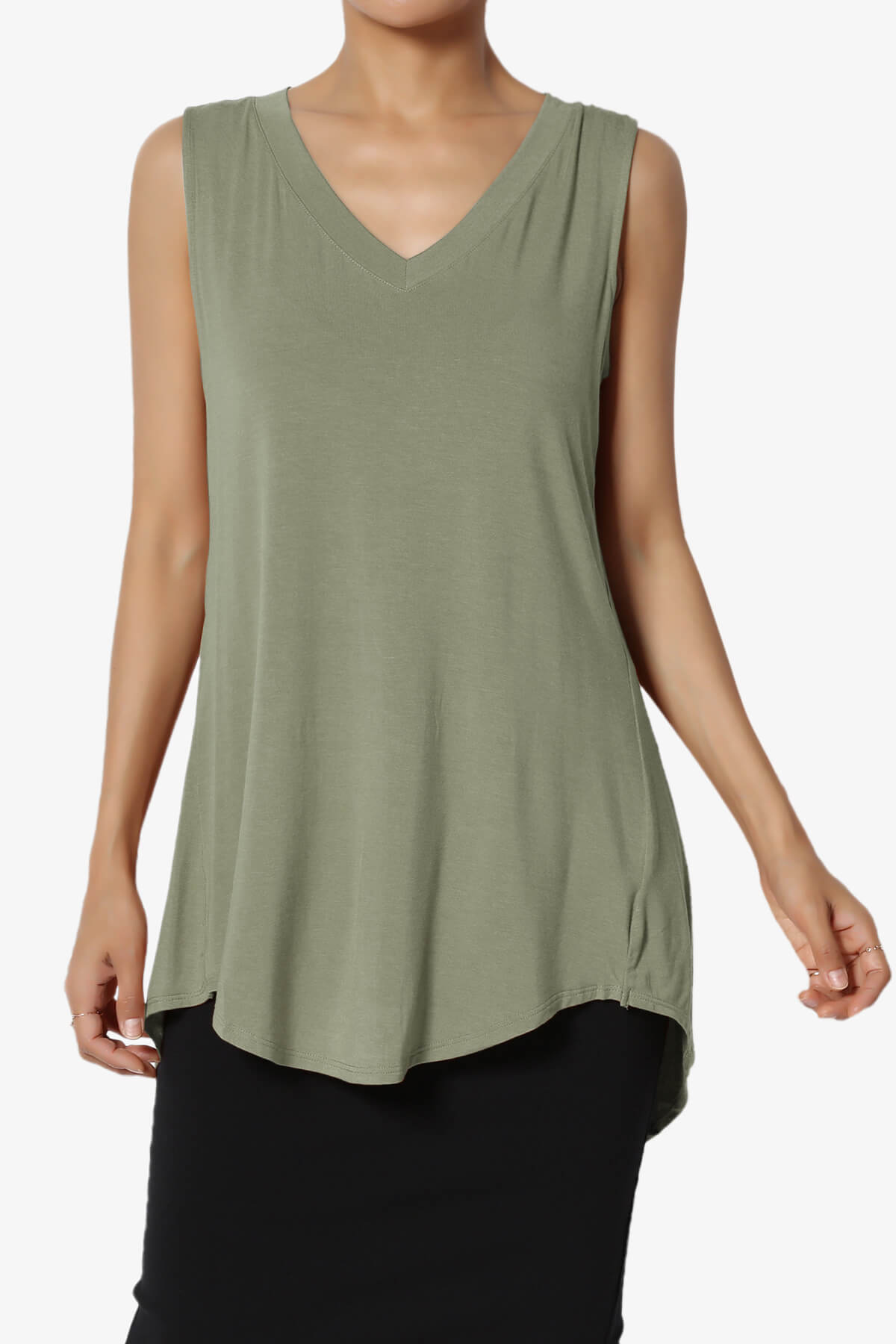 Load image into Gallery viewer, Myles Sleeveless V-Neck Luxe Jersey Top DUSTY OLIVE_1
