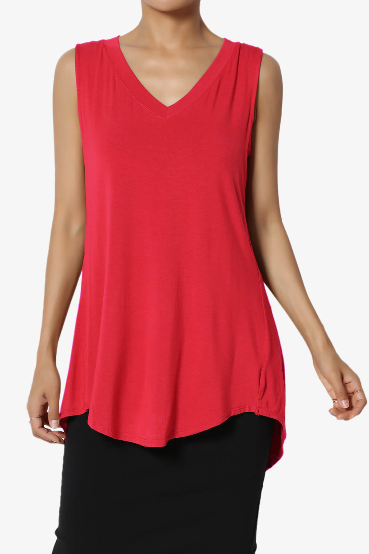 Myles Sleeveless V-Neck Luxe Jersey Top RED_1