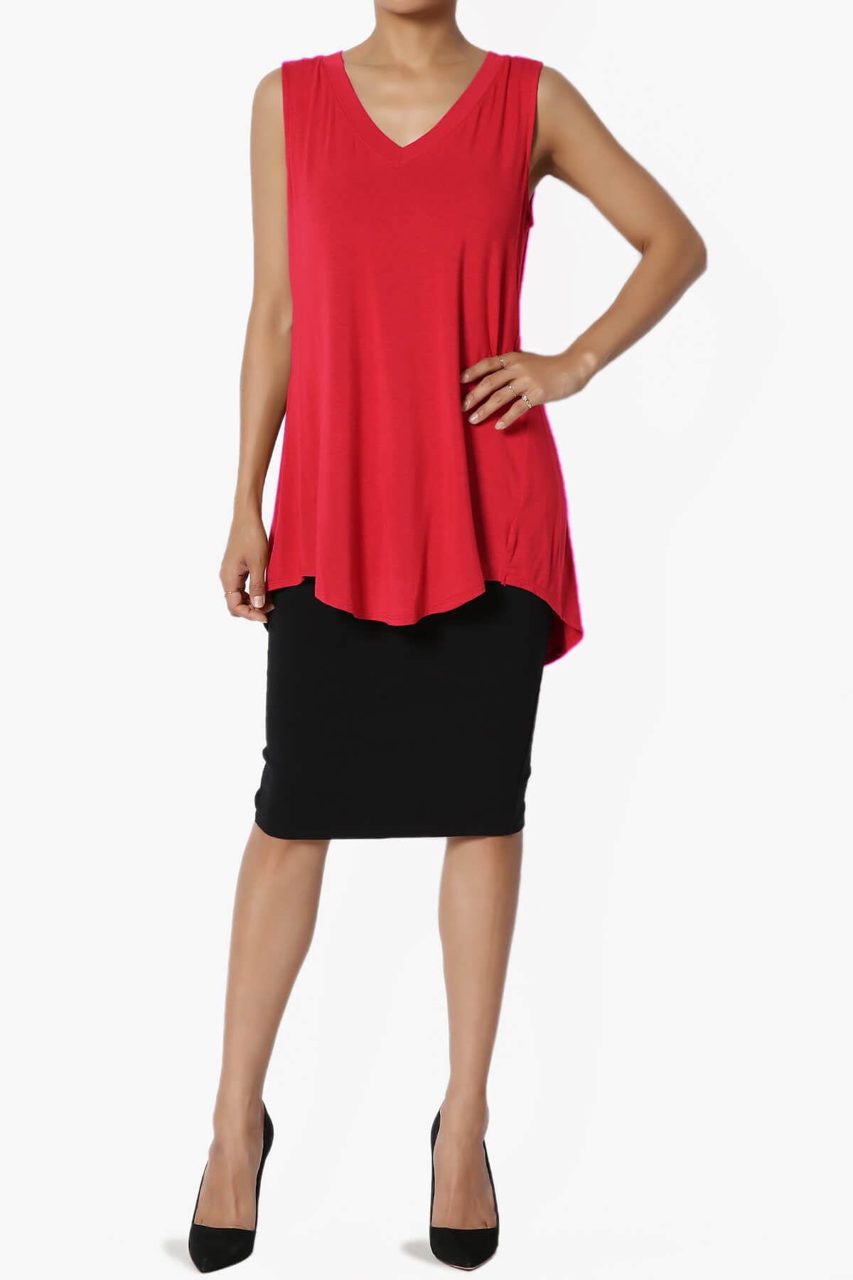 Myles Sleeveless V-Neck Luxe Jersey Top RED_6