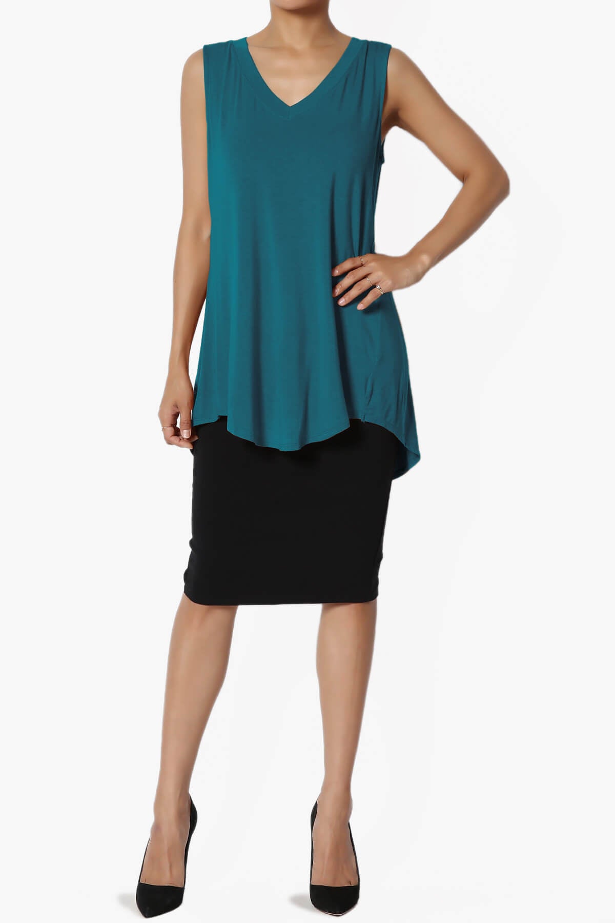 Myles Sleeveless V-Neck Luxe Jersey Top TEAL_6