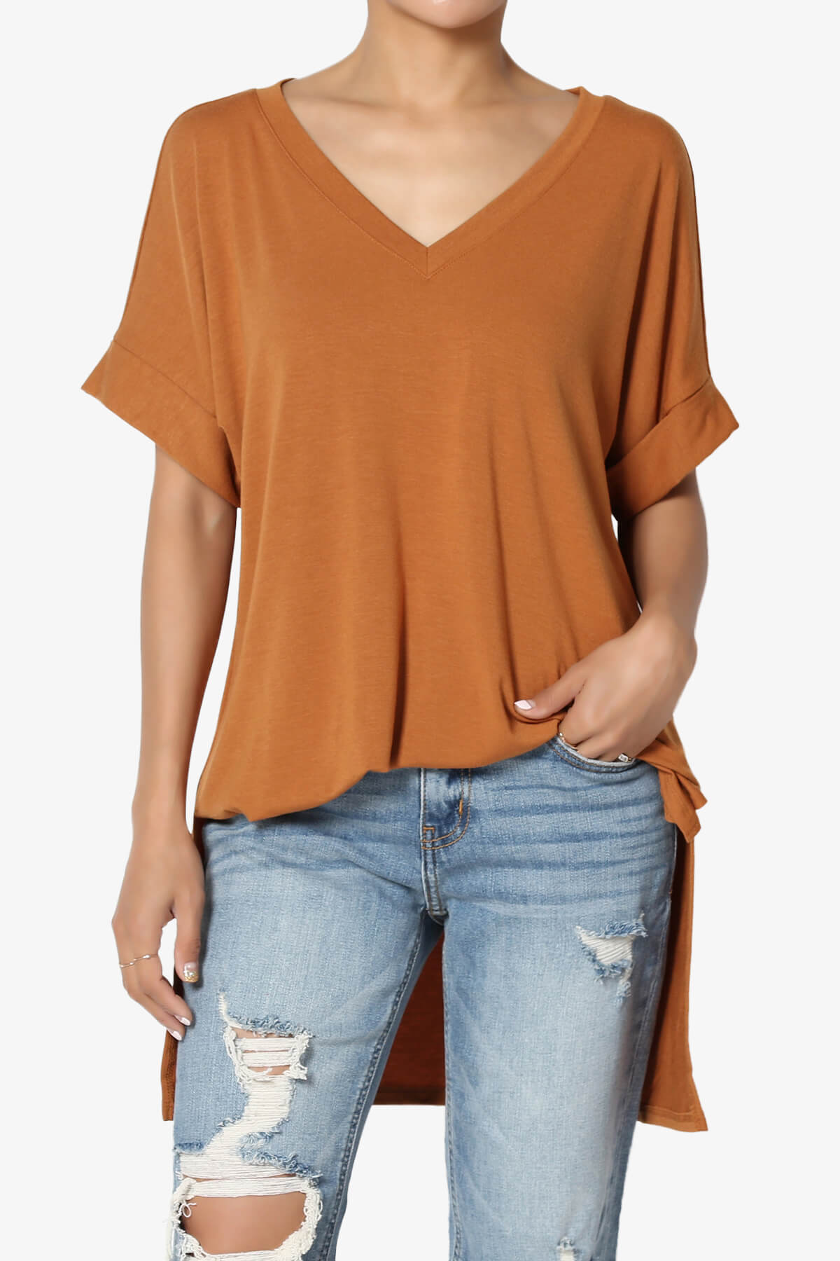 Onella V-Neck Rolled Short Sleeve Top ALMOND_1