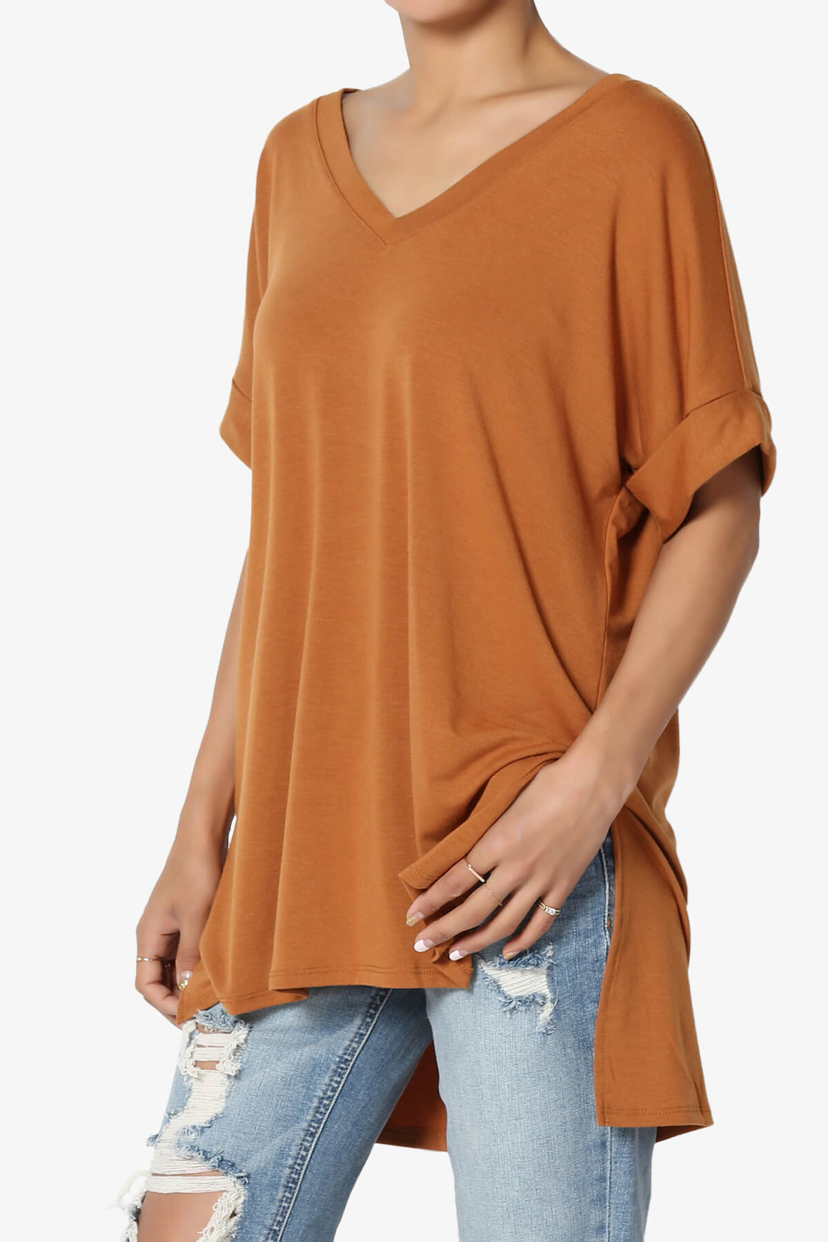 Onella V-Neck Rolled Short Sleeve Top ALMOND_3