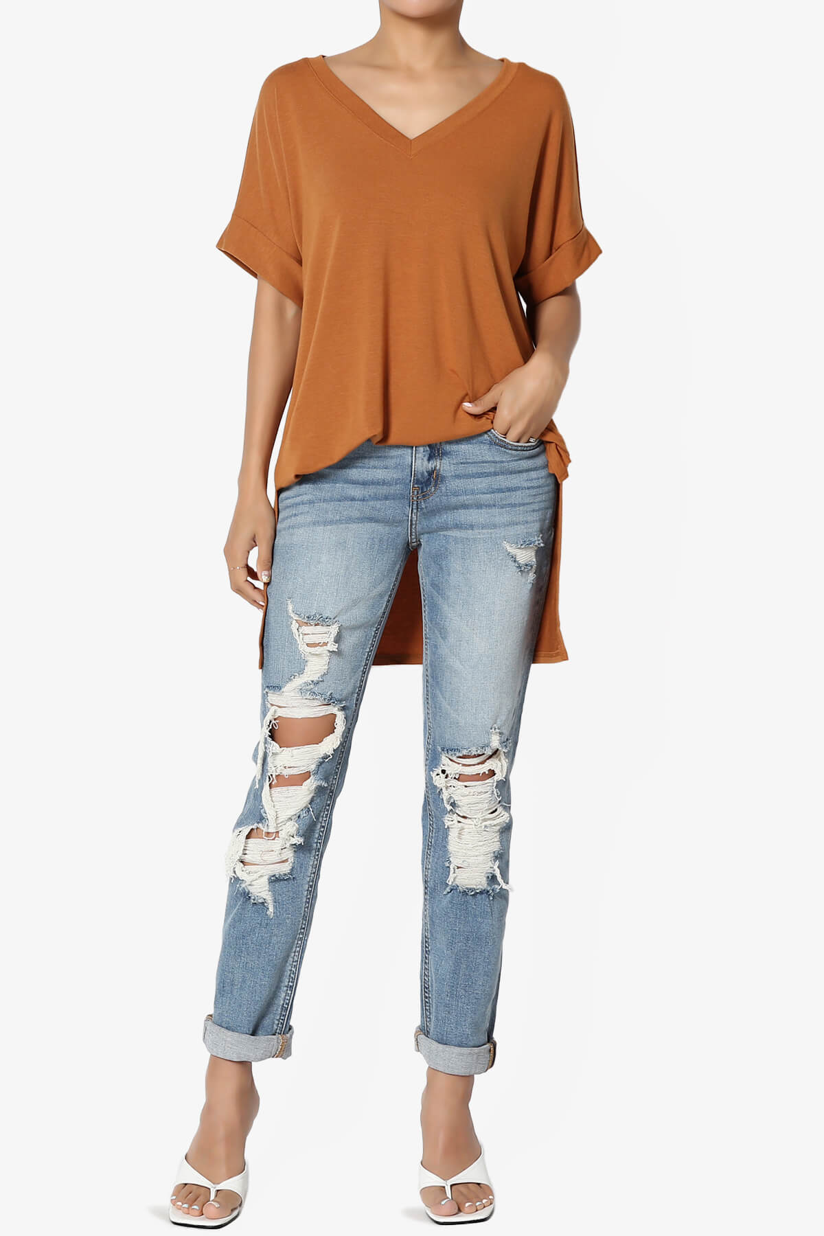 Onella V-Neck Rolled Short Sleeve Top ALMOND_6