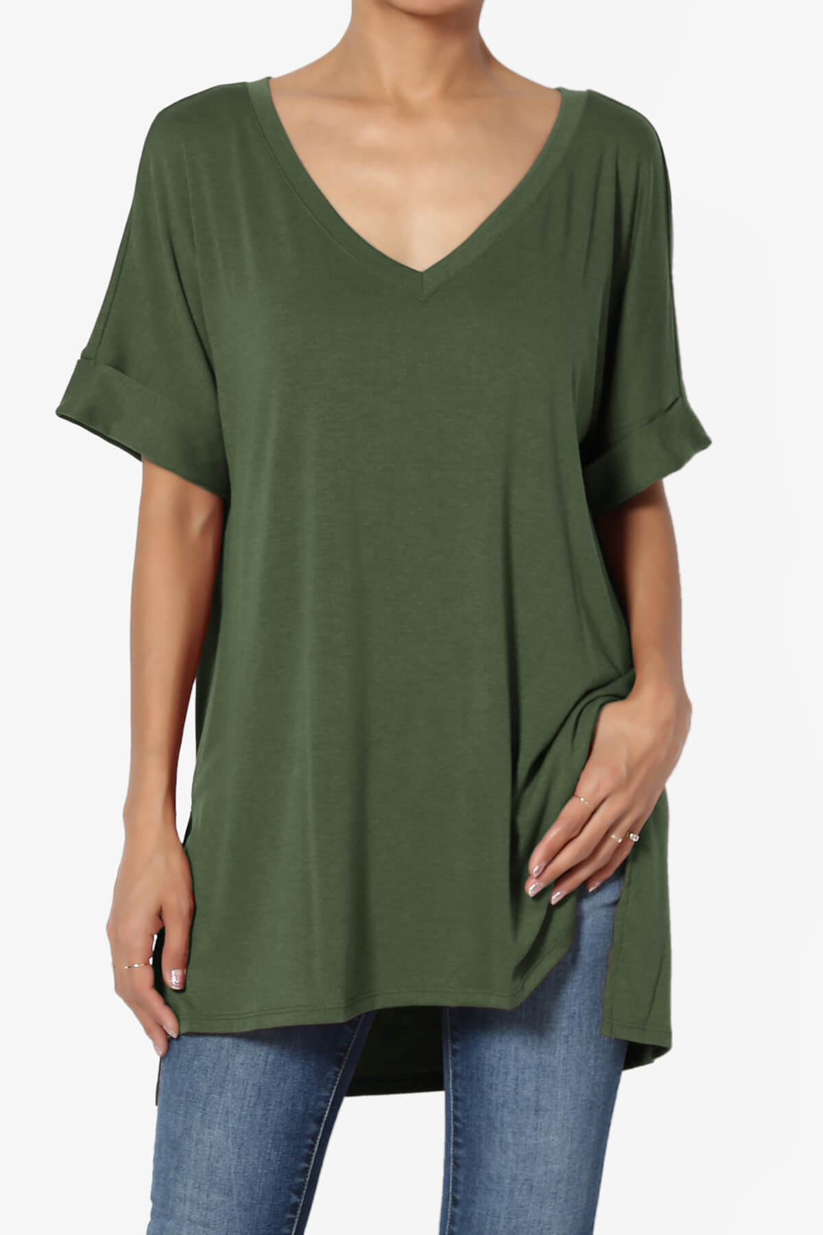 Onella V-Neck Rolled Short Sleeve Top ARMY GREEN_1