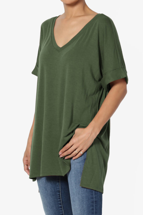 Onella V-Neck Rolled Short Sleeve Top ARMY GREEN_3
