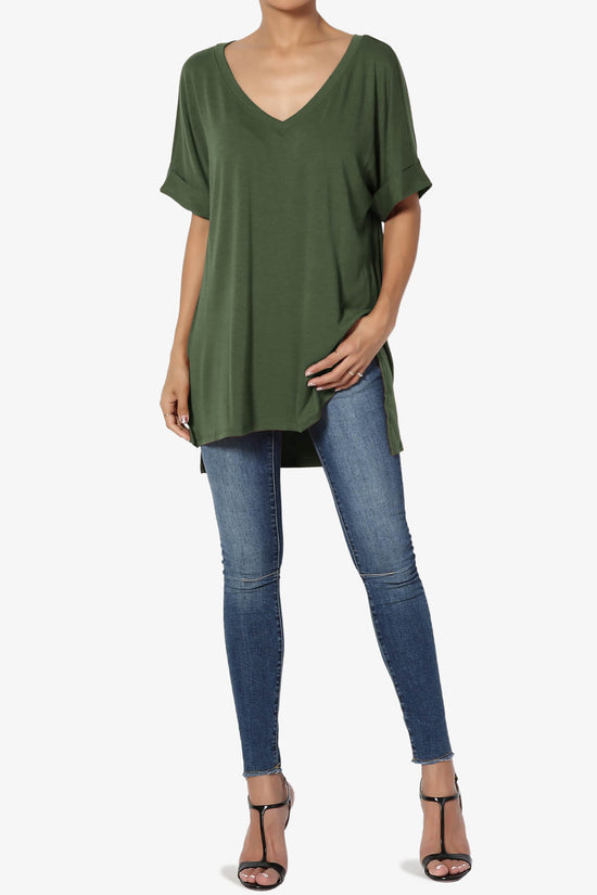 Onella V-Neck Rolled Short Sleeve Top ARMY GREEN_6