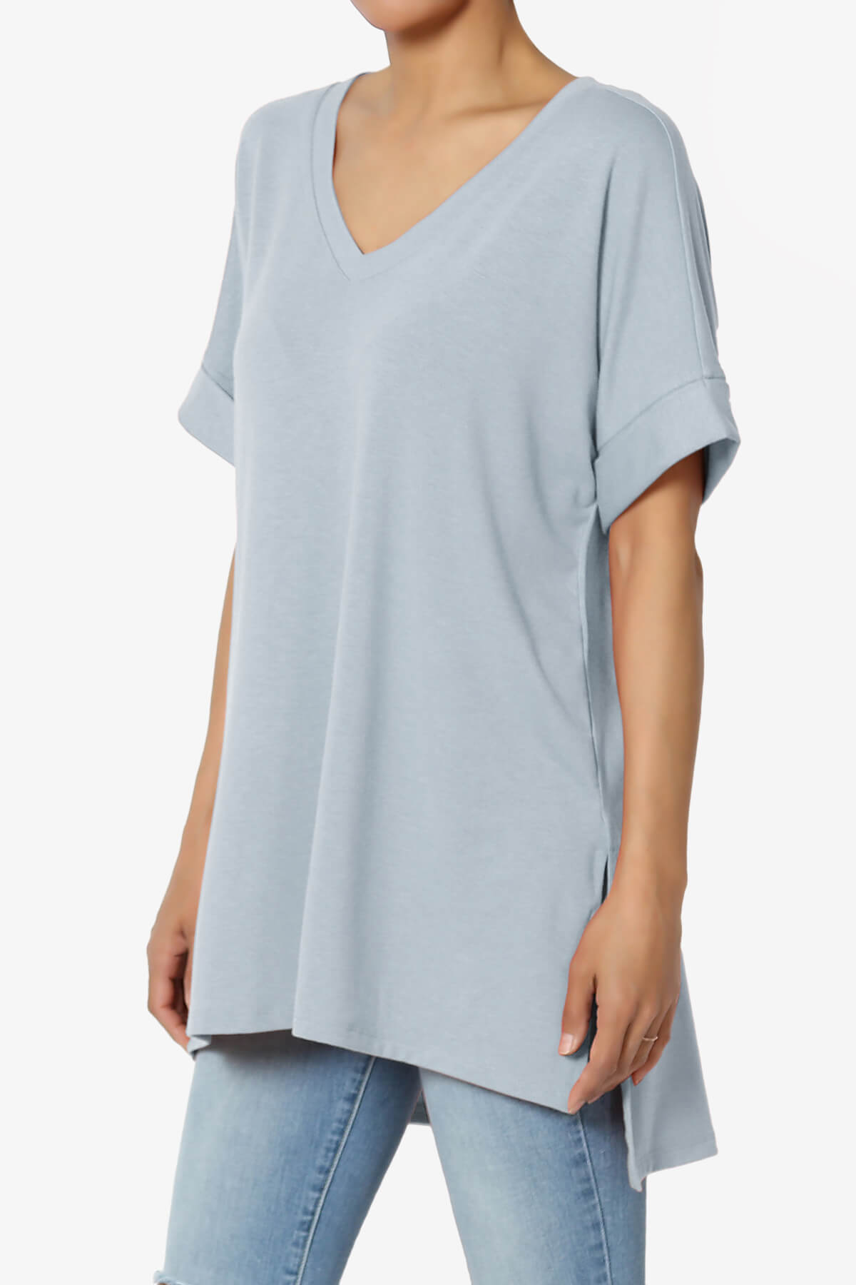 Load image into Gallery viewer, Onella V-Neck Rolled Short Sleeve Top ASH BLUE_3
