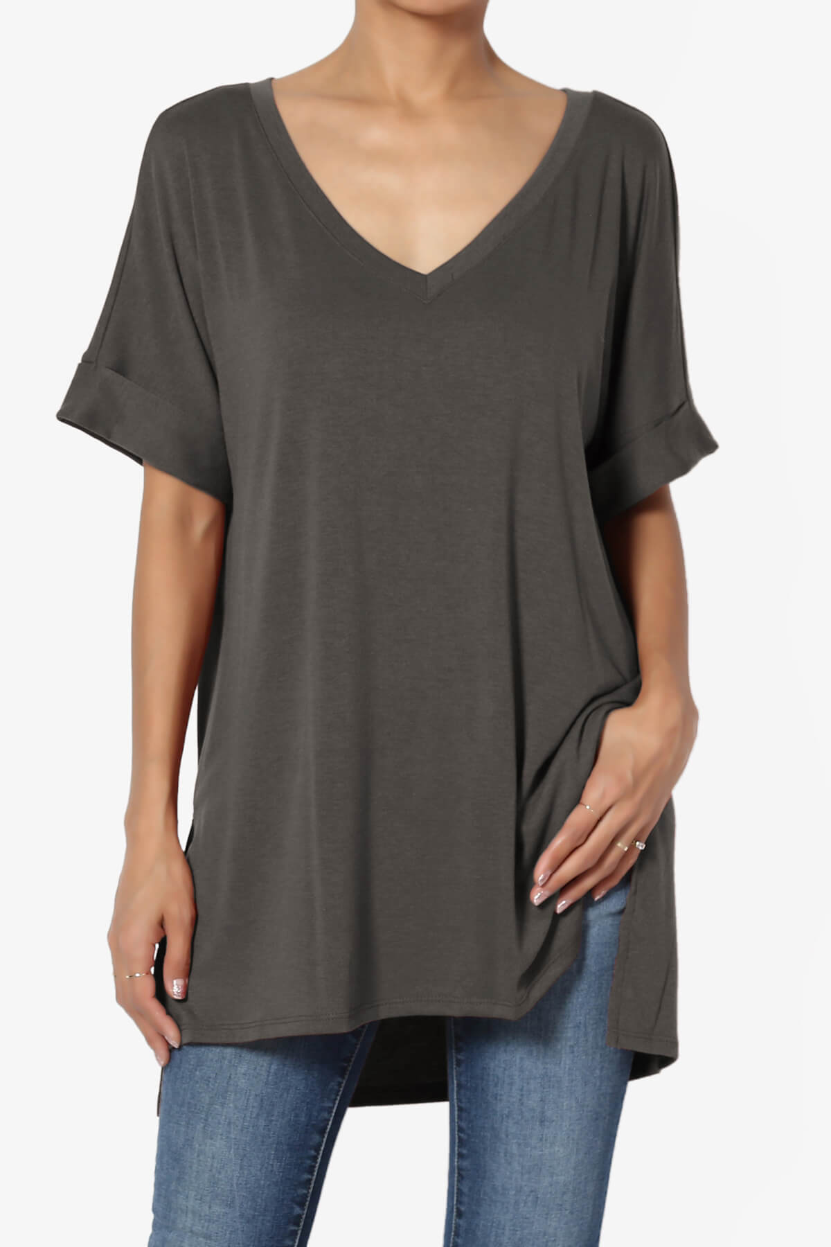 Load image into Gallery viewer, Onella V-Neck Rolled Short Sleeve Top ASH GREY_1
