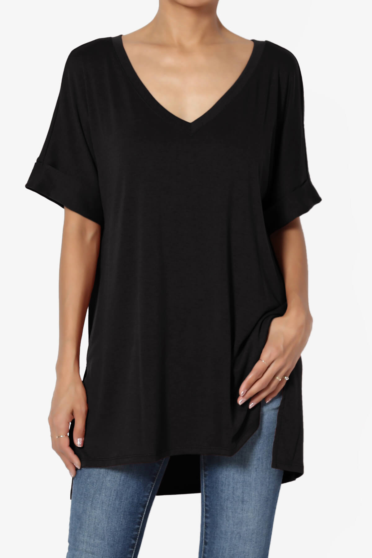 Load image into Gallery viewer, Onella V-Neck Rolled Short Sleeve Top BLACK_1

