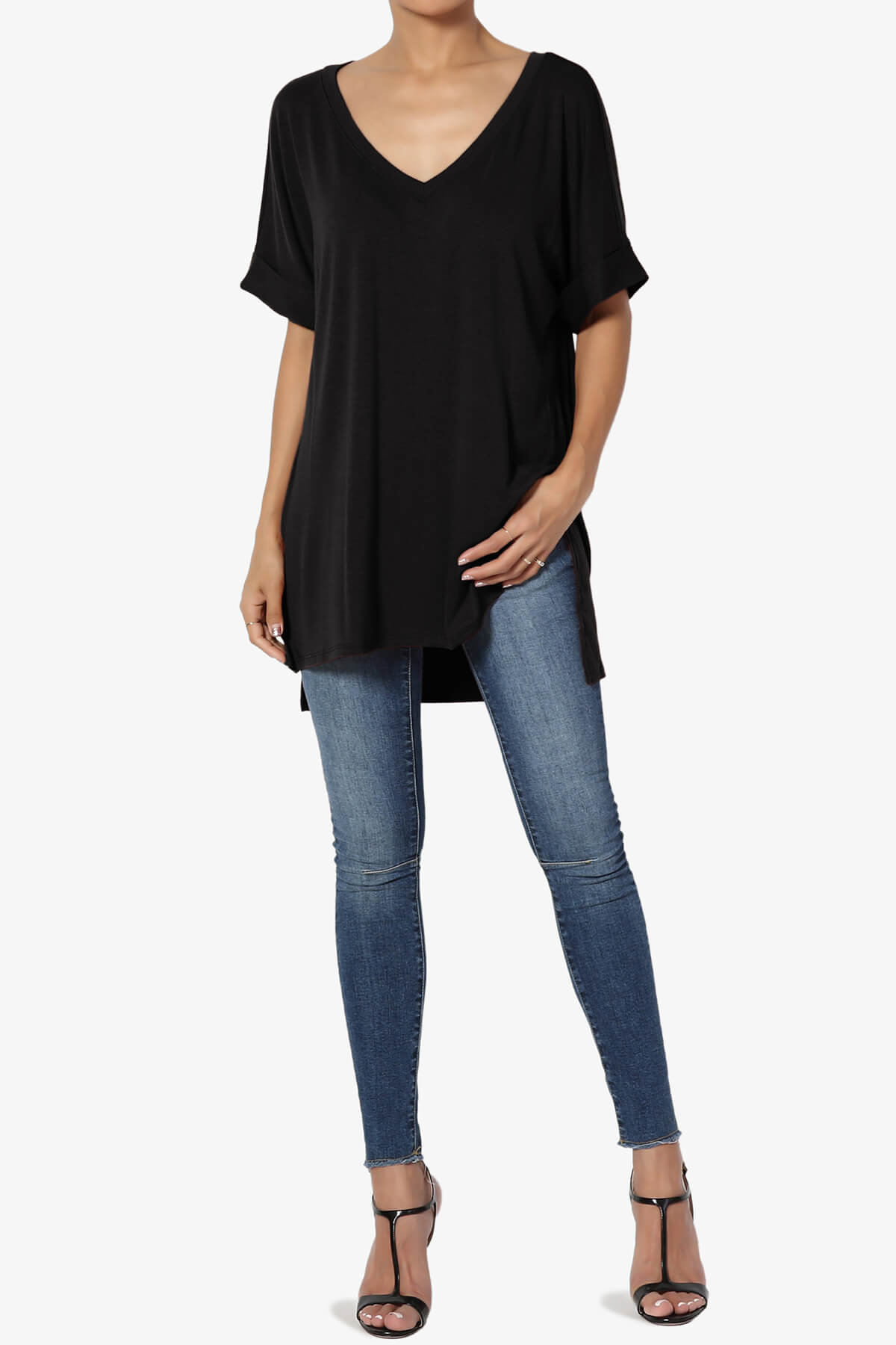 Load image into Gallery viewer, Onella V-Neck Rolled Short Sleeve Top BLACK_6

