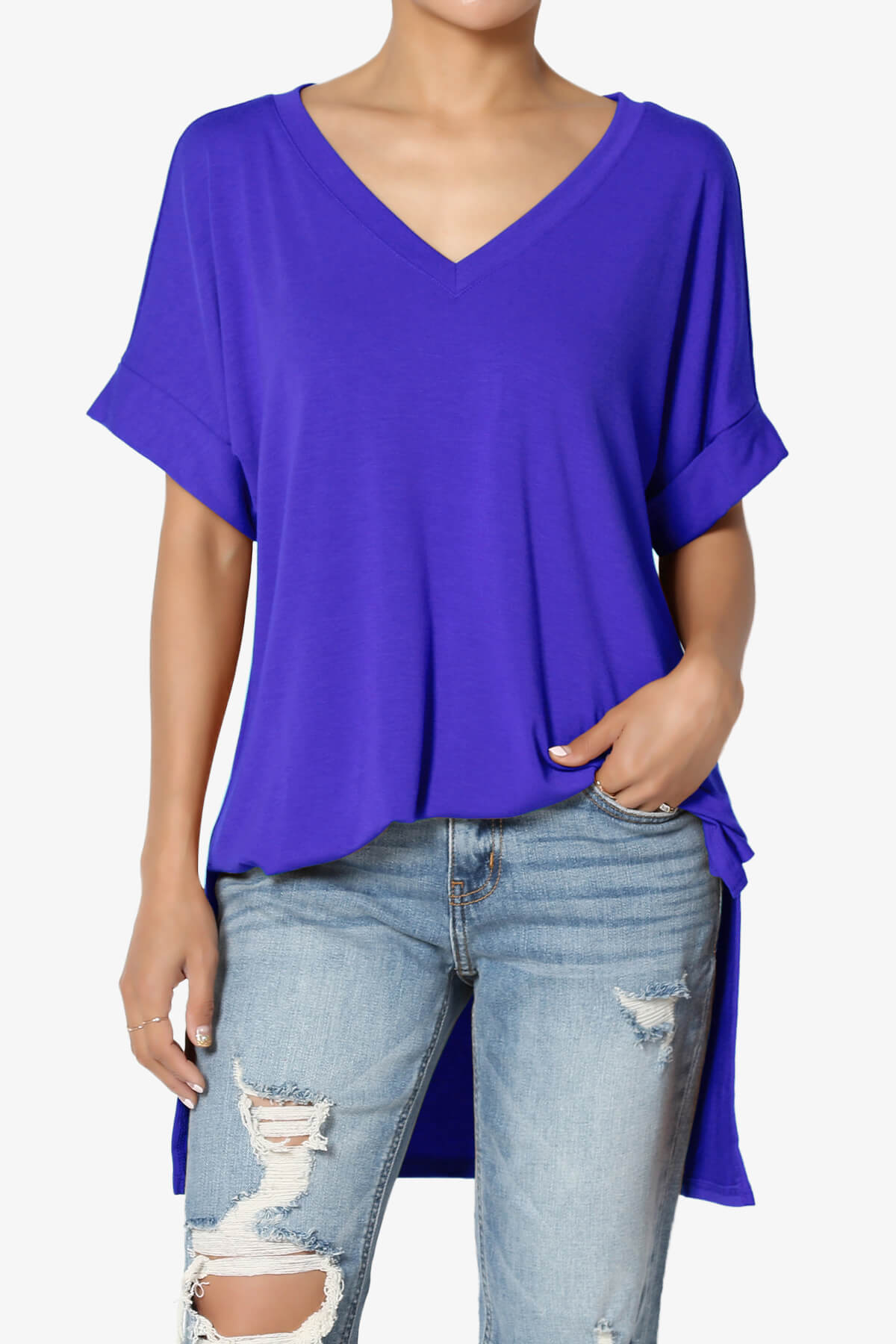 Onella V-Neck Rolled Short Sleeve Top BRIGHT BLUE_1