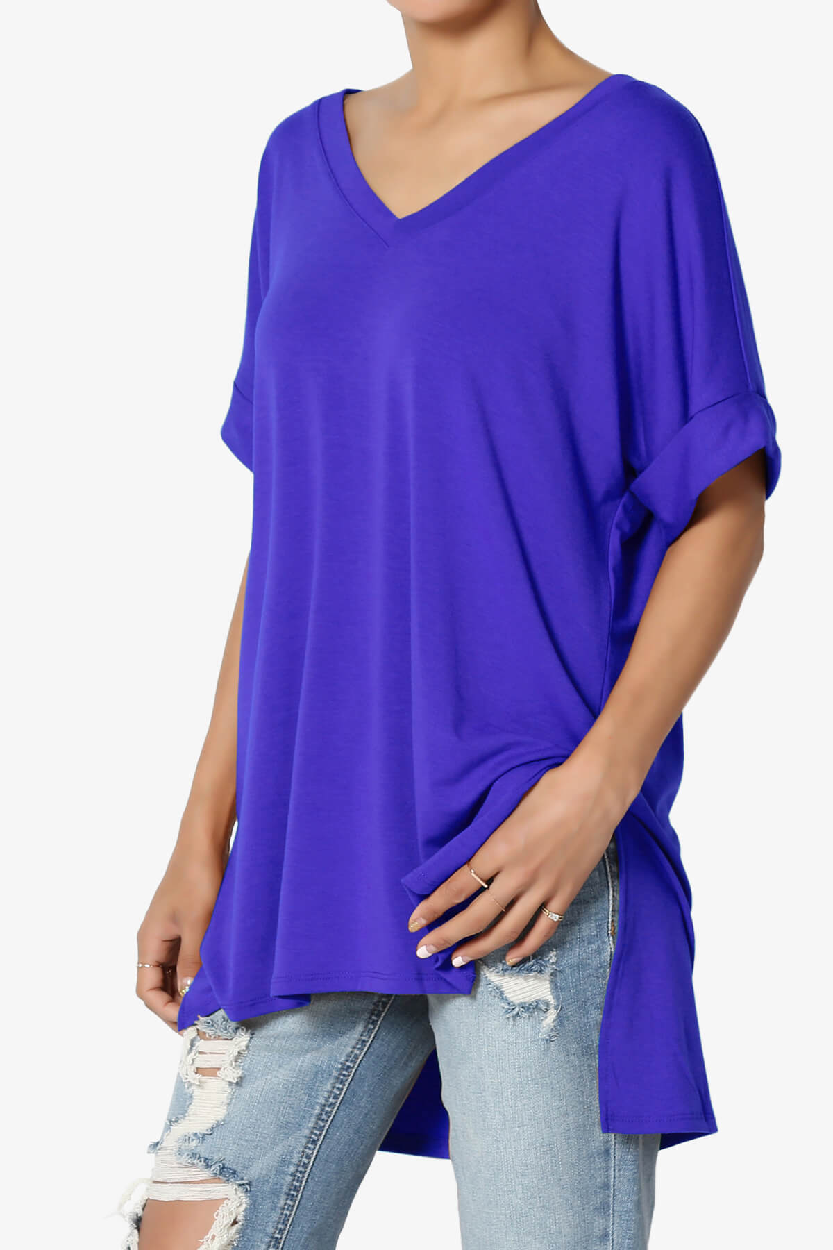 Onella V-Neck Rolled Short Sleeve Top BRIGHT BLUE_3