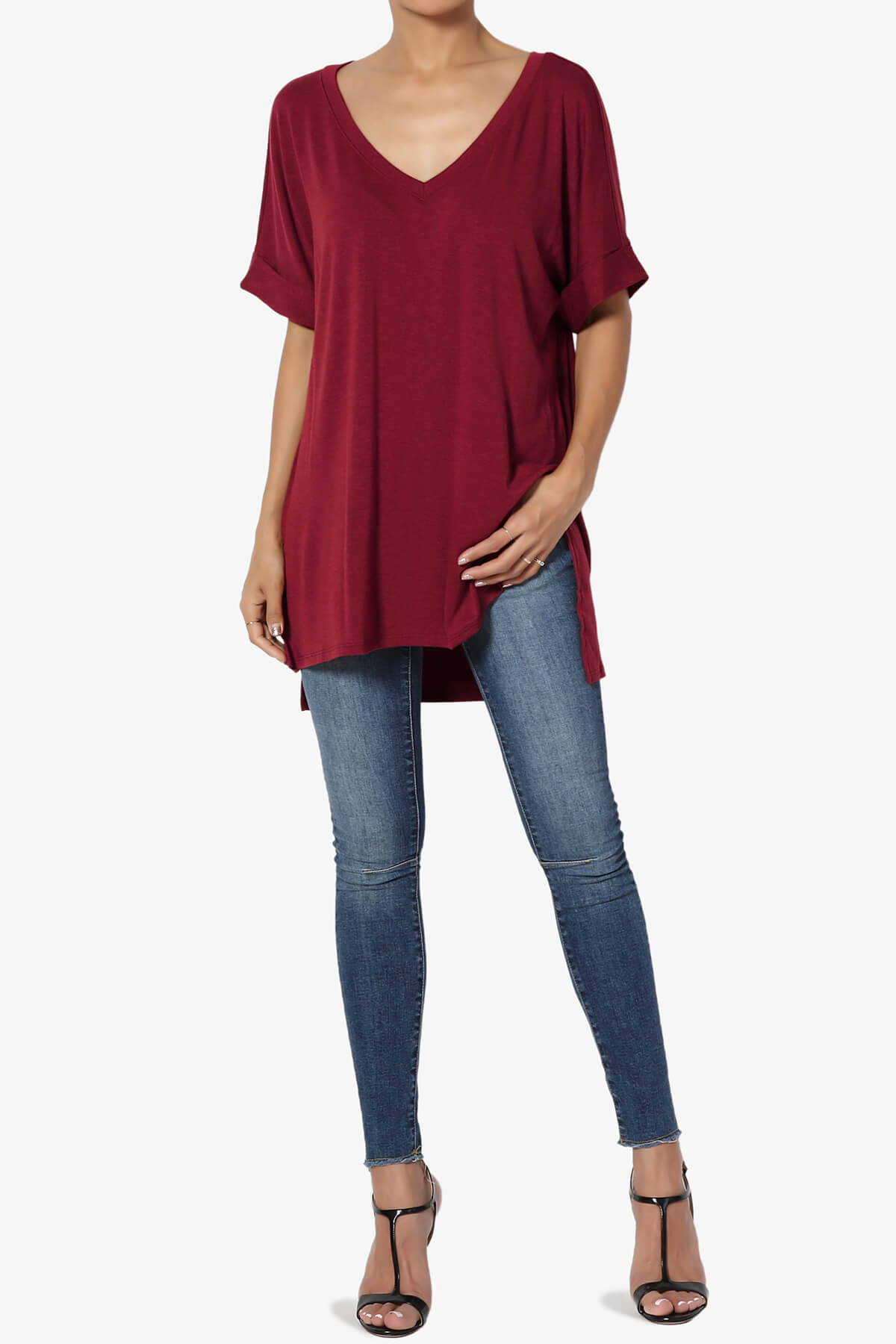 Load image into Gallery viewer, Onella V-Neck Rolled Short Sleeve Top BURGUNDY_6
