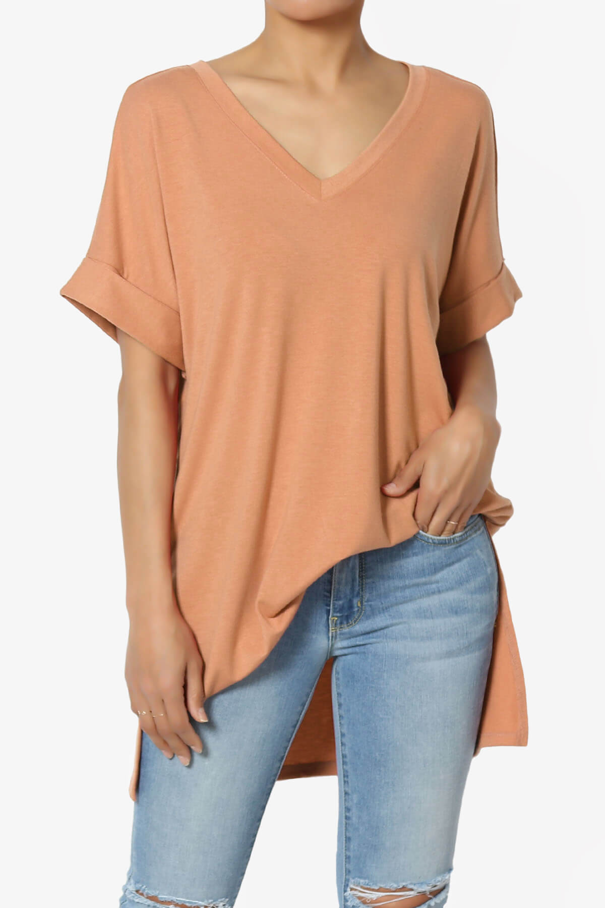 Load image into Gallery viewer, Onella V-Neck Rolled Short Sleeve Top BUTTER ORANGE_1
