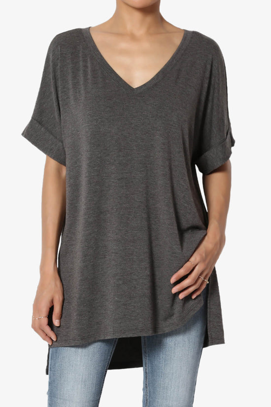 Onella V-Neck Rolled Short Sleeve Top CHARCOAL_1