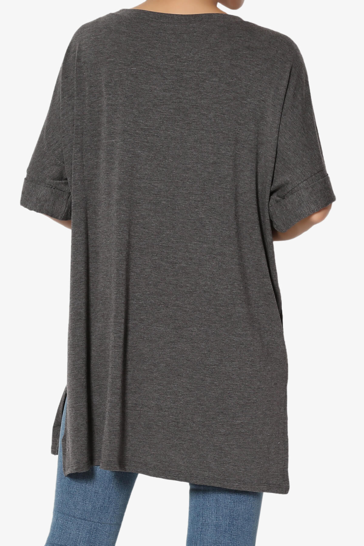 Onella V-Neck Rolled Short Sleeve Top CHARCOAL_2
