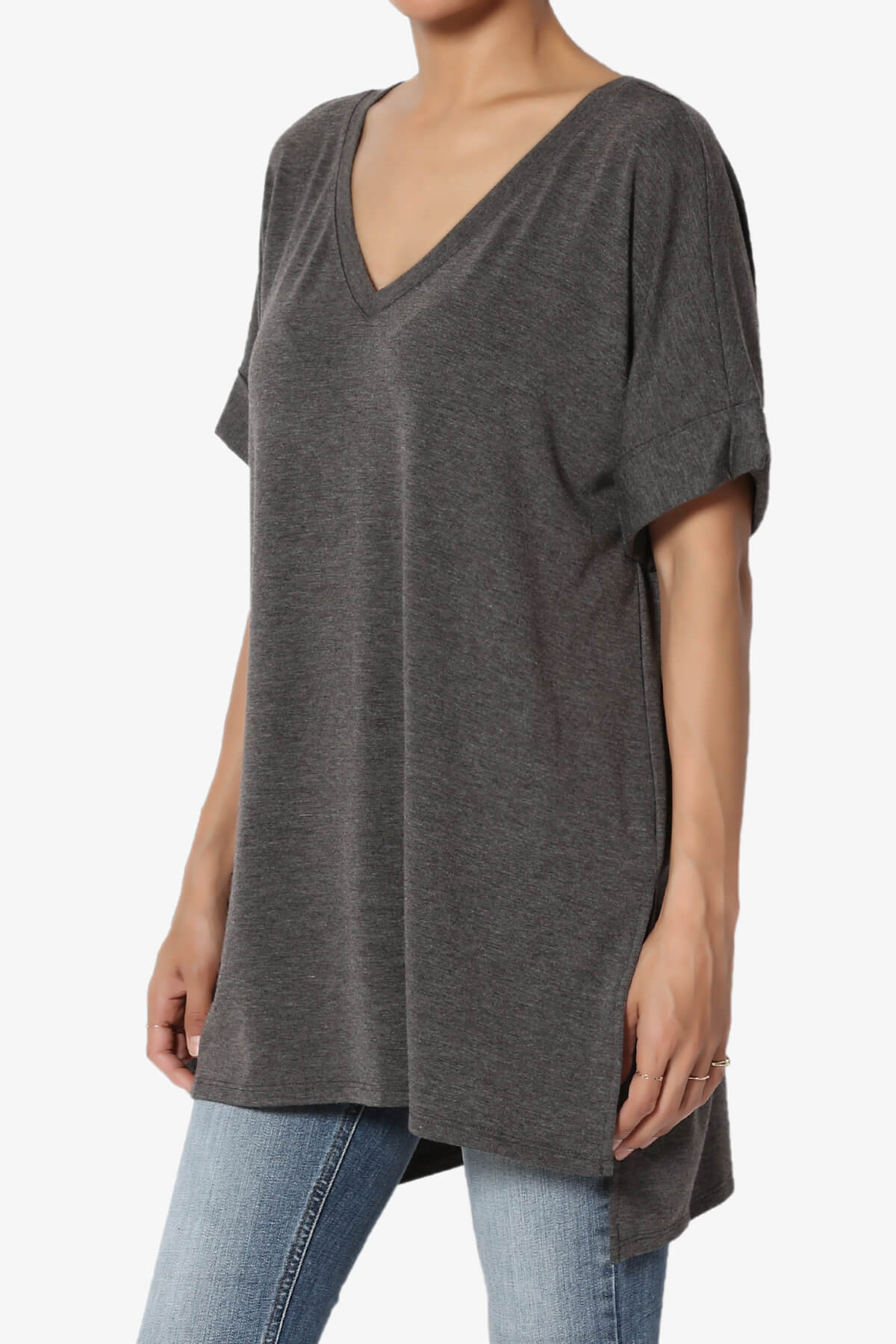 Onella V-Neck Rolled Short Sleeve Top CHARCOAL_3