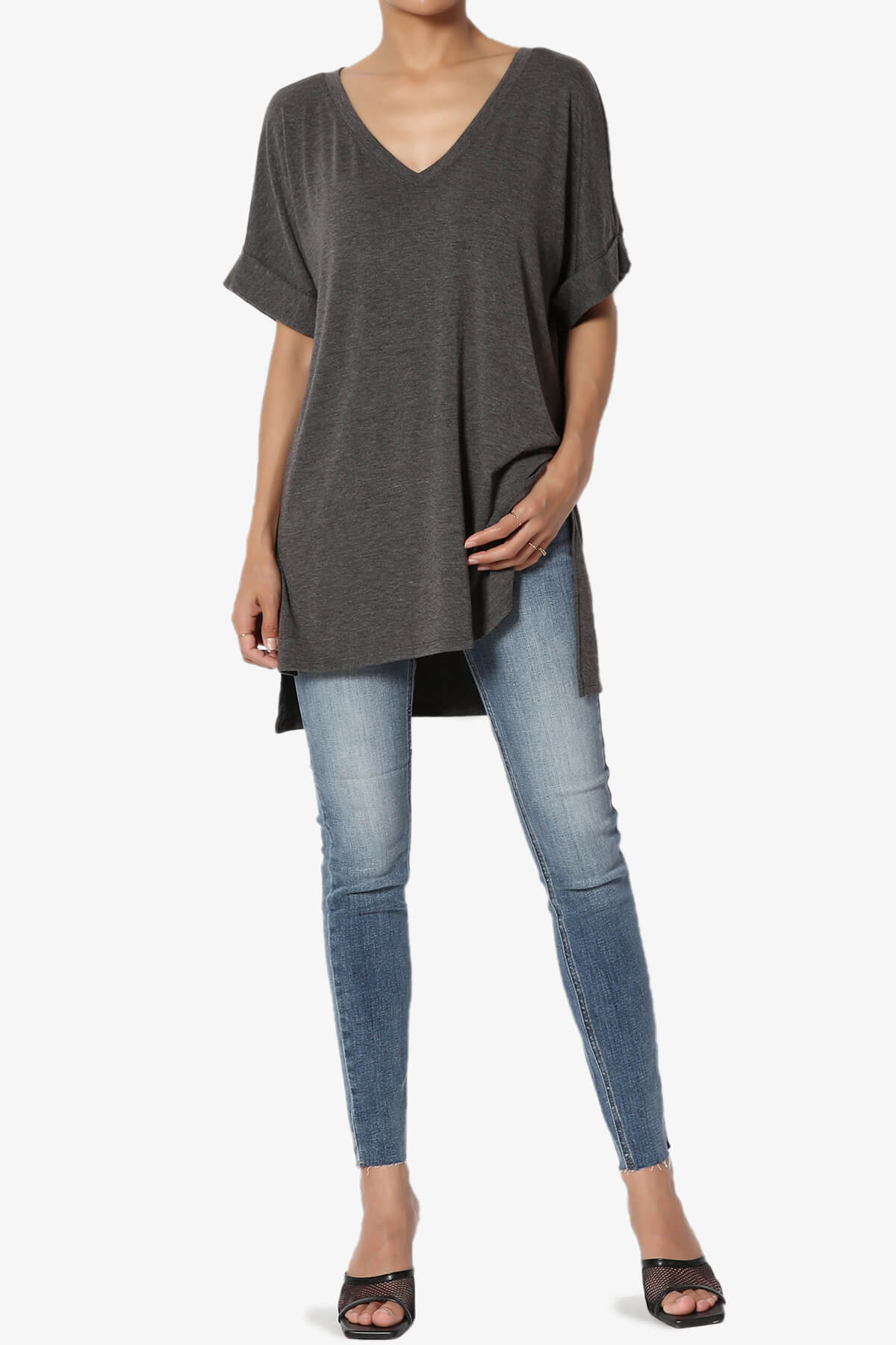 Onella V-Neck Rolled Short Sleeve Top CHARCOAL_6