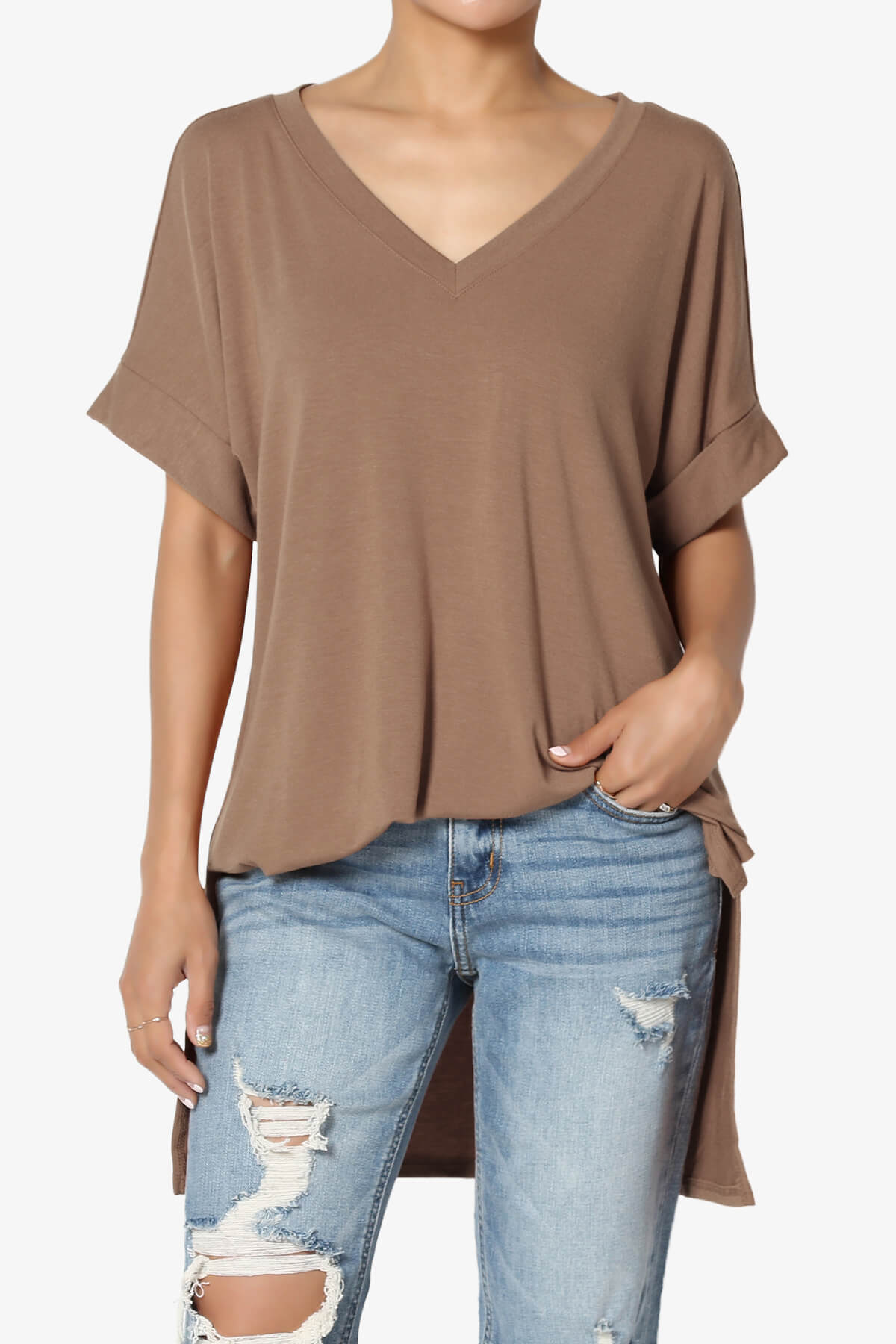 Onella V-Neck Rolled Short Sleeve Top COCOA_1