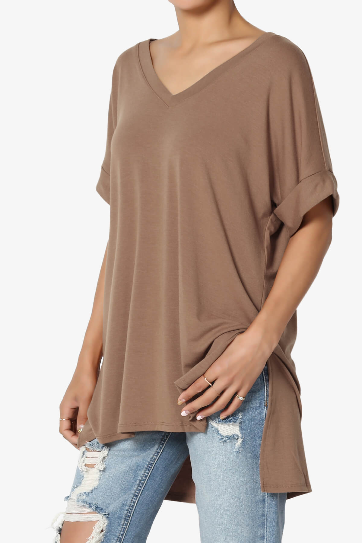 Onella V-Neck Rolled Short Sleeve Top COCOA_3