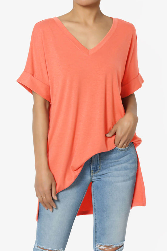 Onella V-Neck Rolled Short Sleeve Top CORAL_1