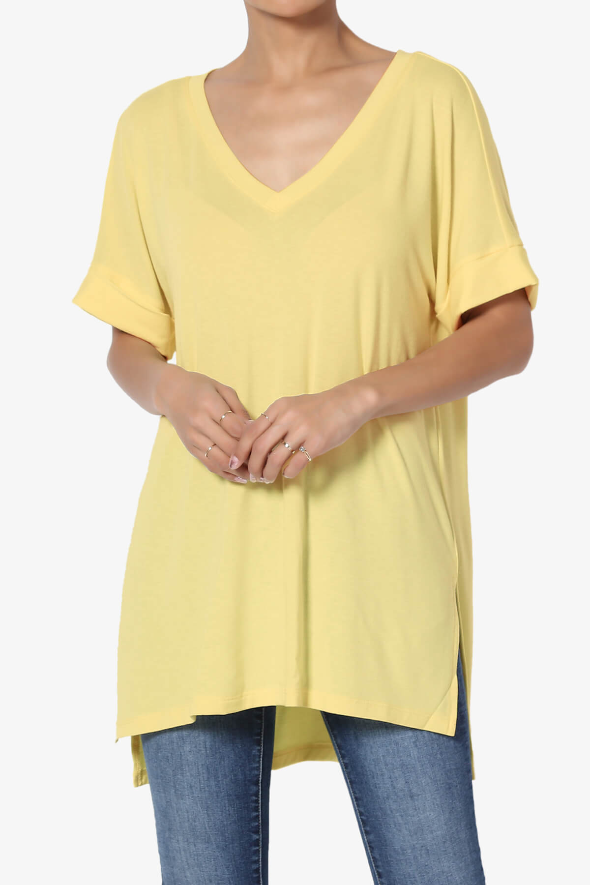 Onella V-Neck Rolled Short Sleeve Top DUSTY BANANA_1