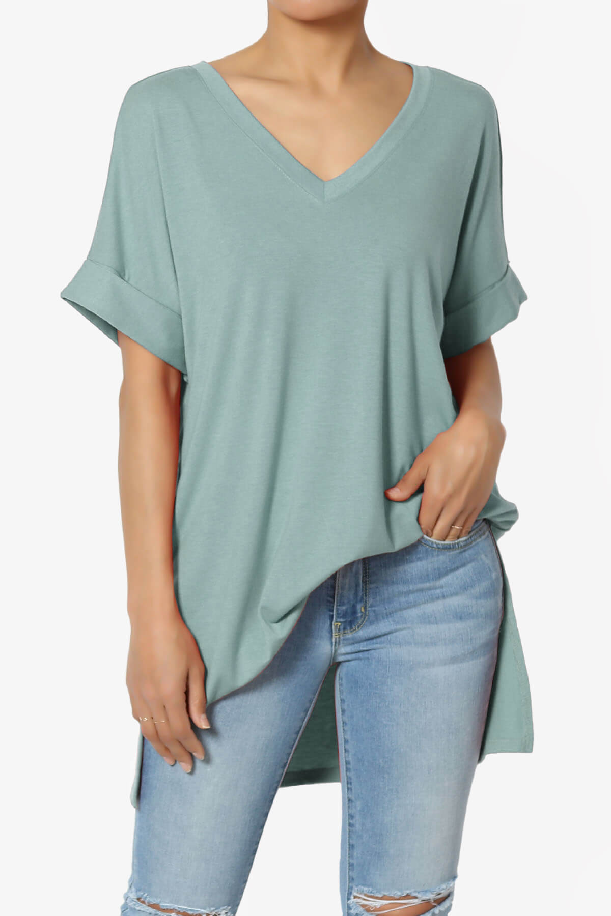 Onella V-Neck Rolled Short Sleeve Top DUSTY BLUE_1