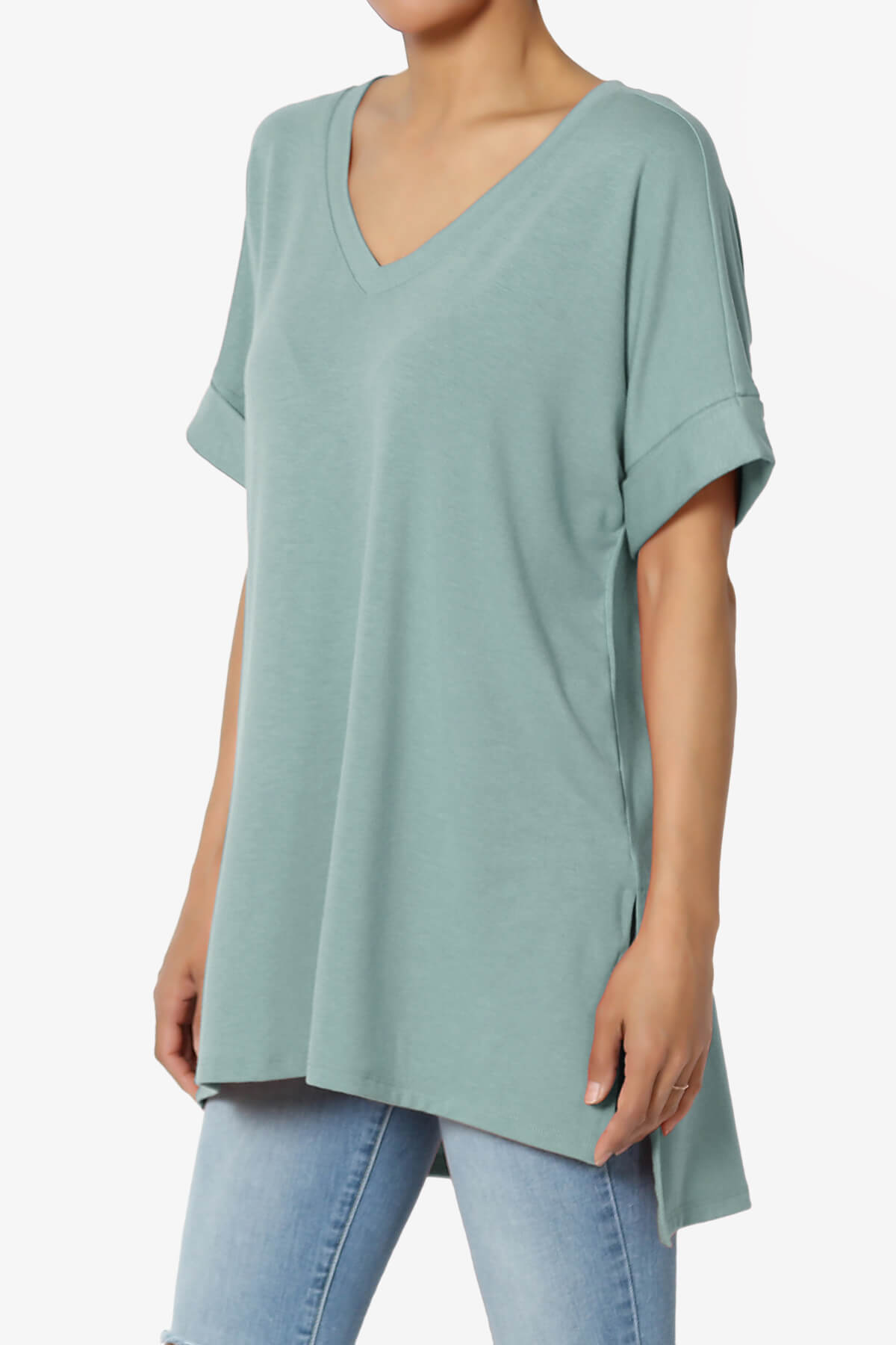 Onella V-Neck Rolled Short Sleeve Top DUSTY BLUE_3