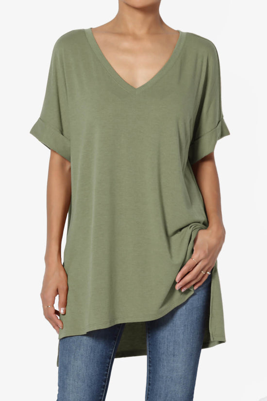 Onella V-Neck Rolled Short Sleeve Top DUSTY OLIVE_1