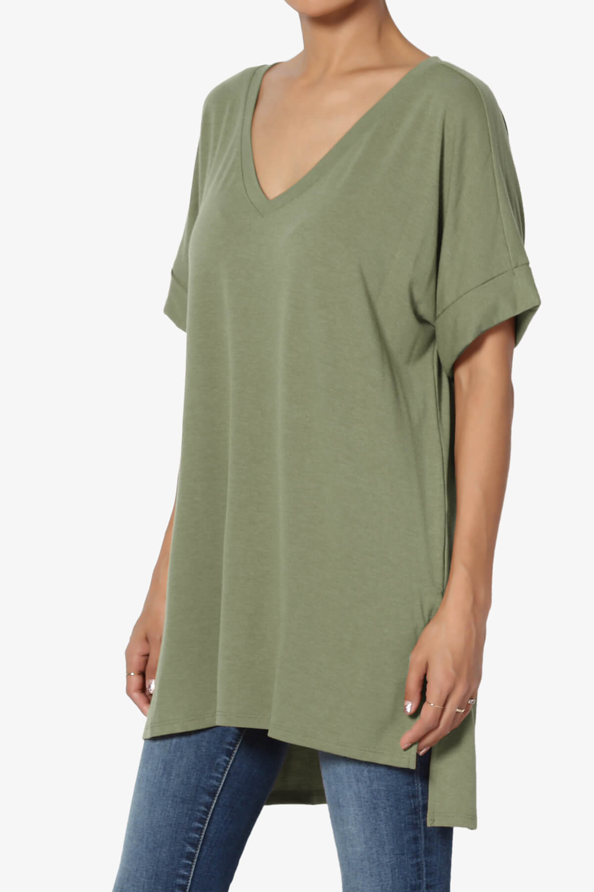Onella V-Neck Rolled Short Sleeve Top DUSTY OLIVE_3
