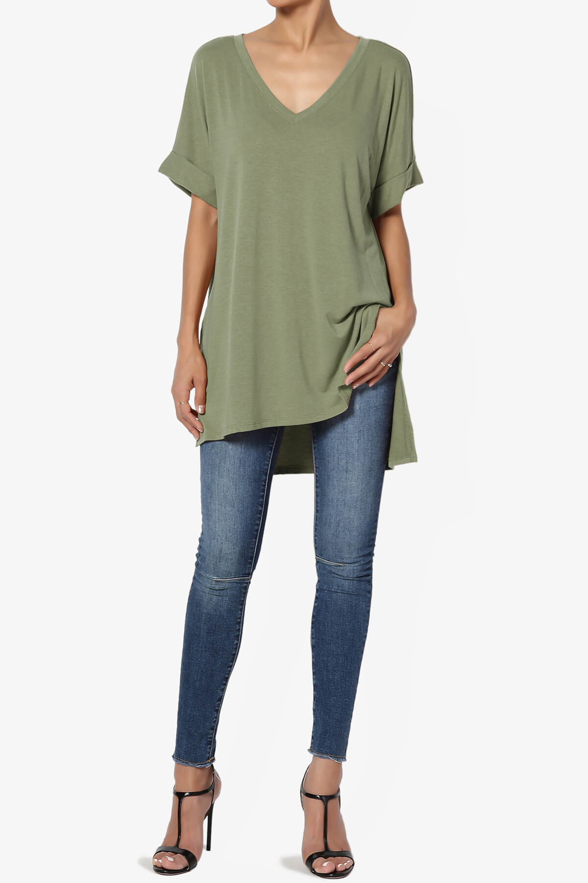 Onella V-Neck Rolled Short Sleeve Top DUSTY OLIVE_6