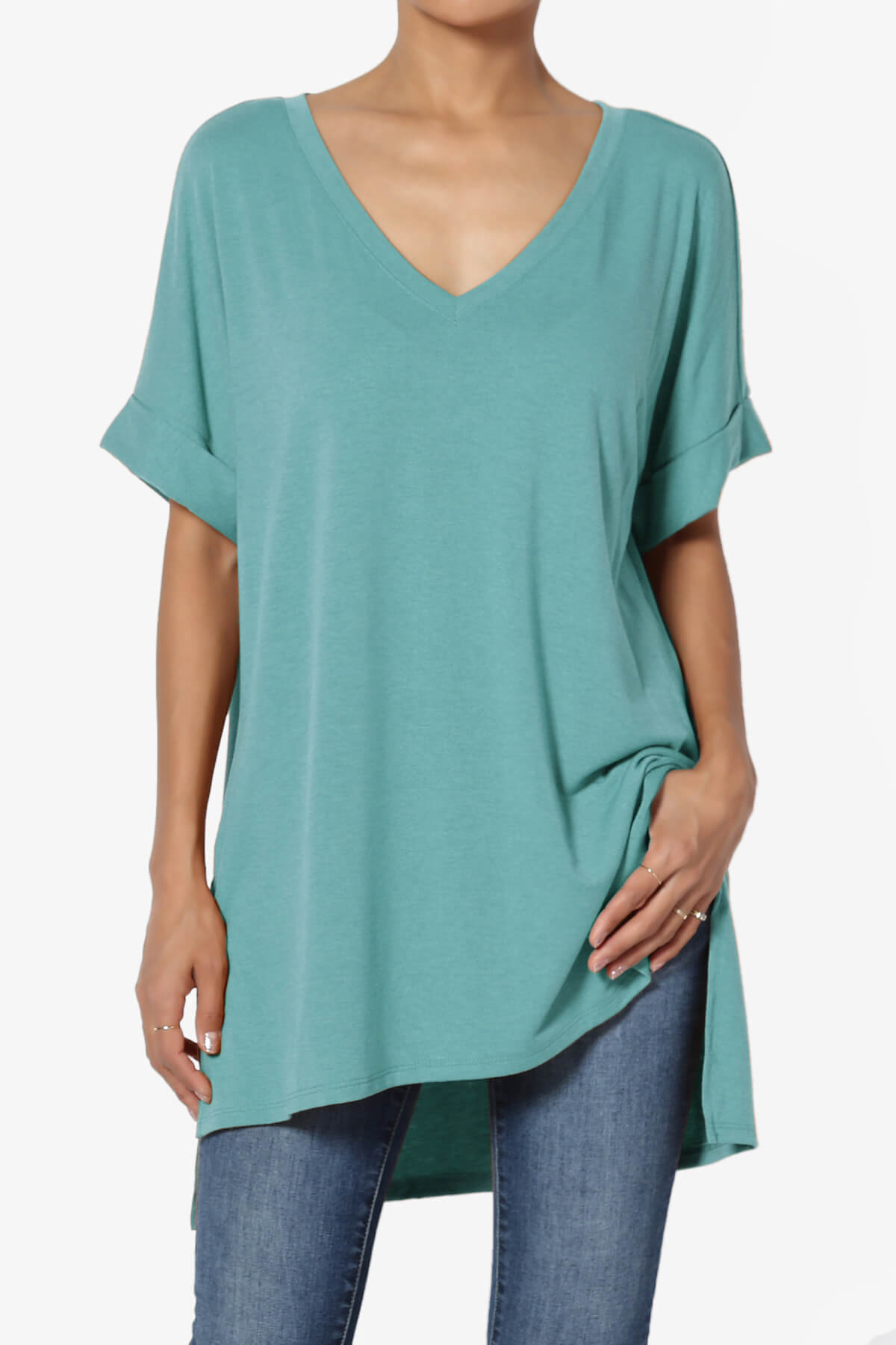 Onella V-Neck Rolled Short Sleeve Top DUSTY TEAL_1