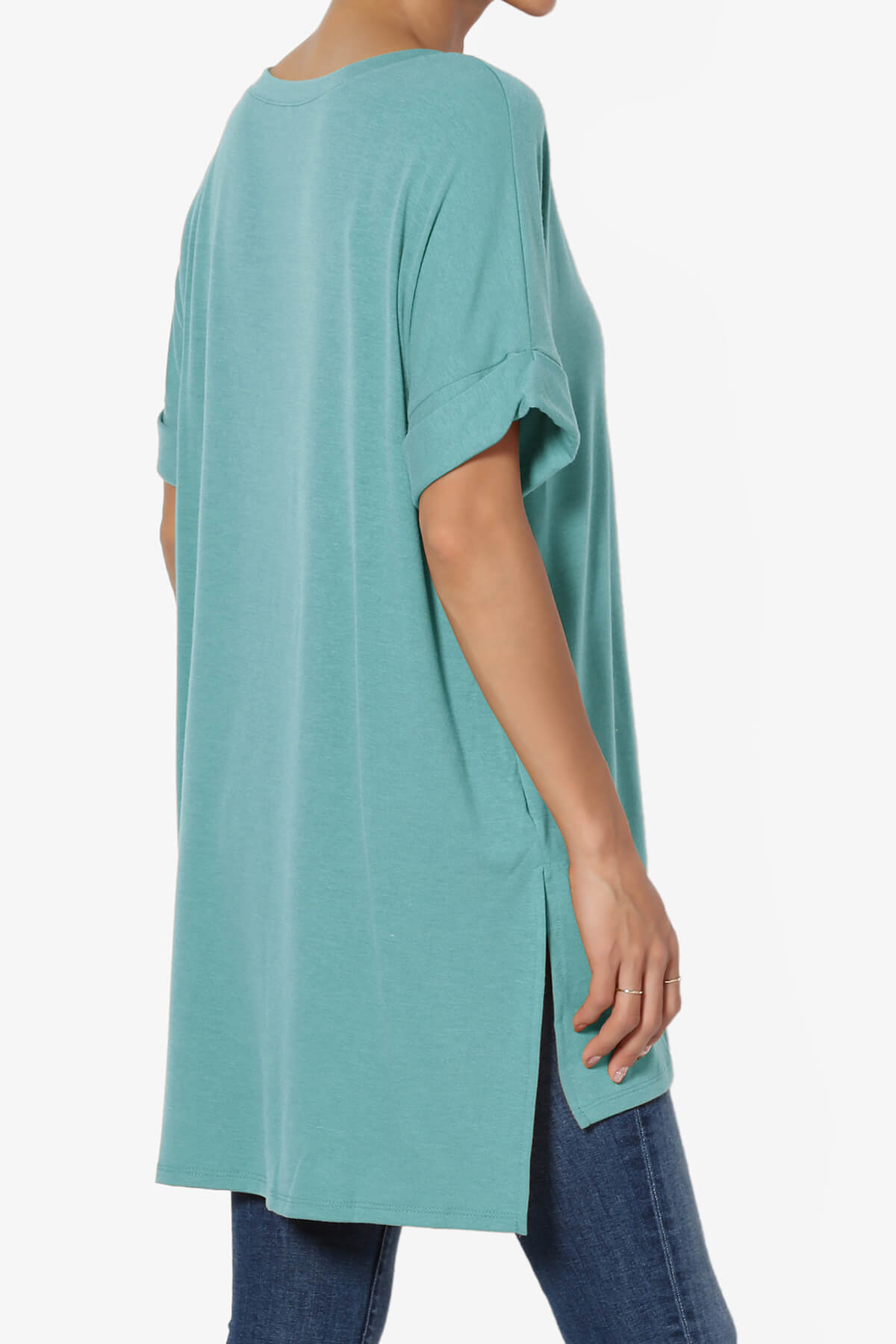 Onella V-Neck Rolled Short Sleeve Top DUSTY TEAL_4
