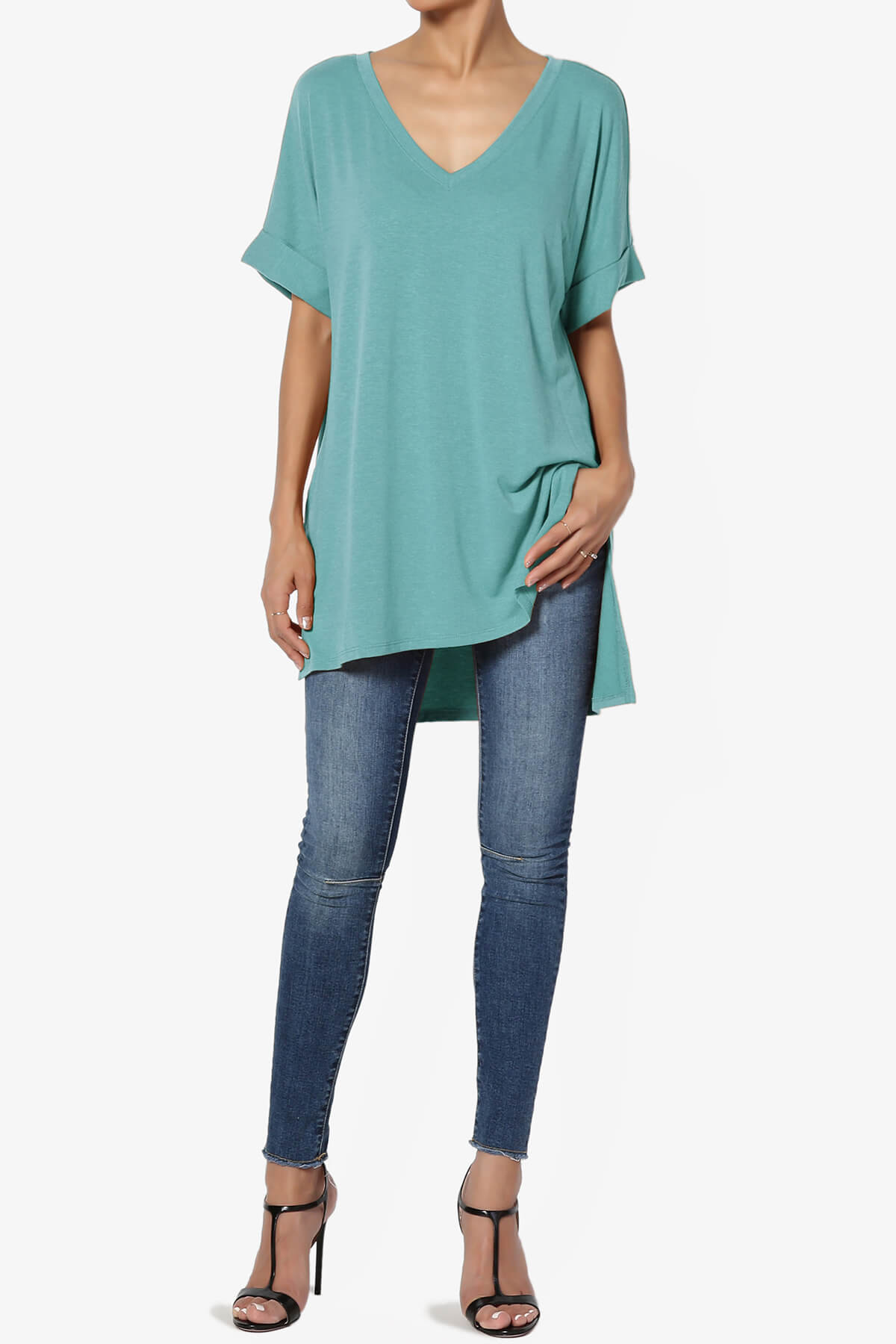 Onella V-Neck Rolled Short Sleeve Top DUSTY TEAL_6