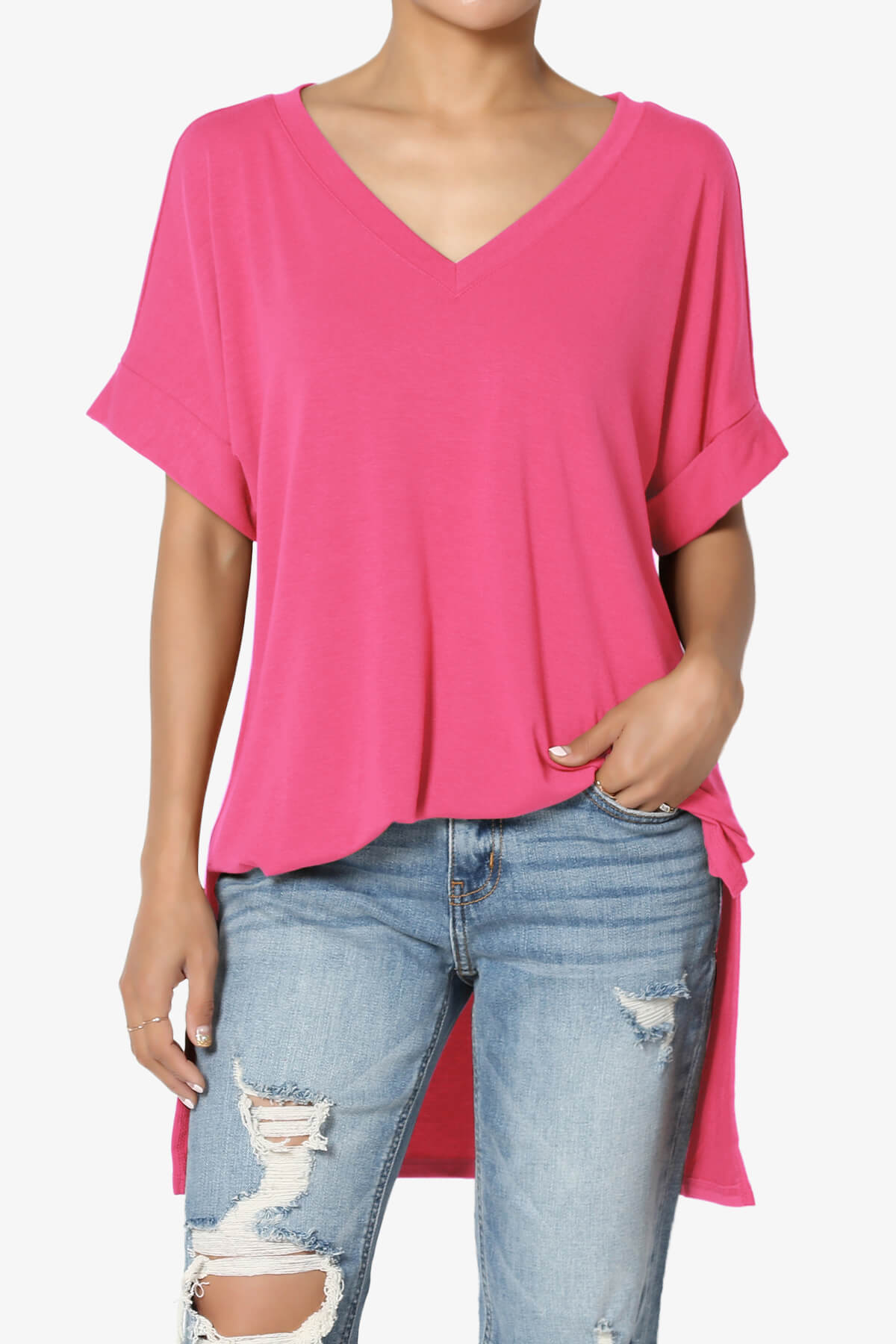 Onella V-Neck Rolled Short Sleeve Top FUCHSIA_1