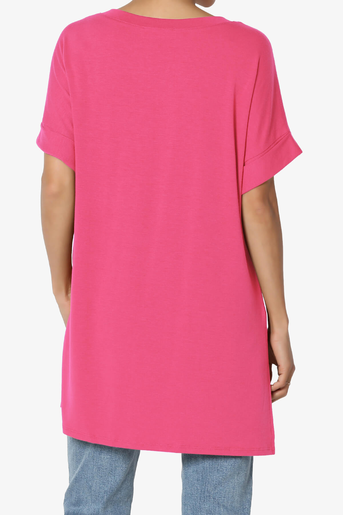 Onella V-Neck Rolled Short Sleeve Top FUCHSIA_2