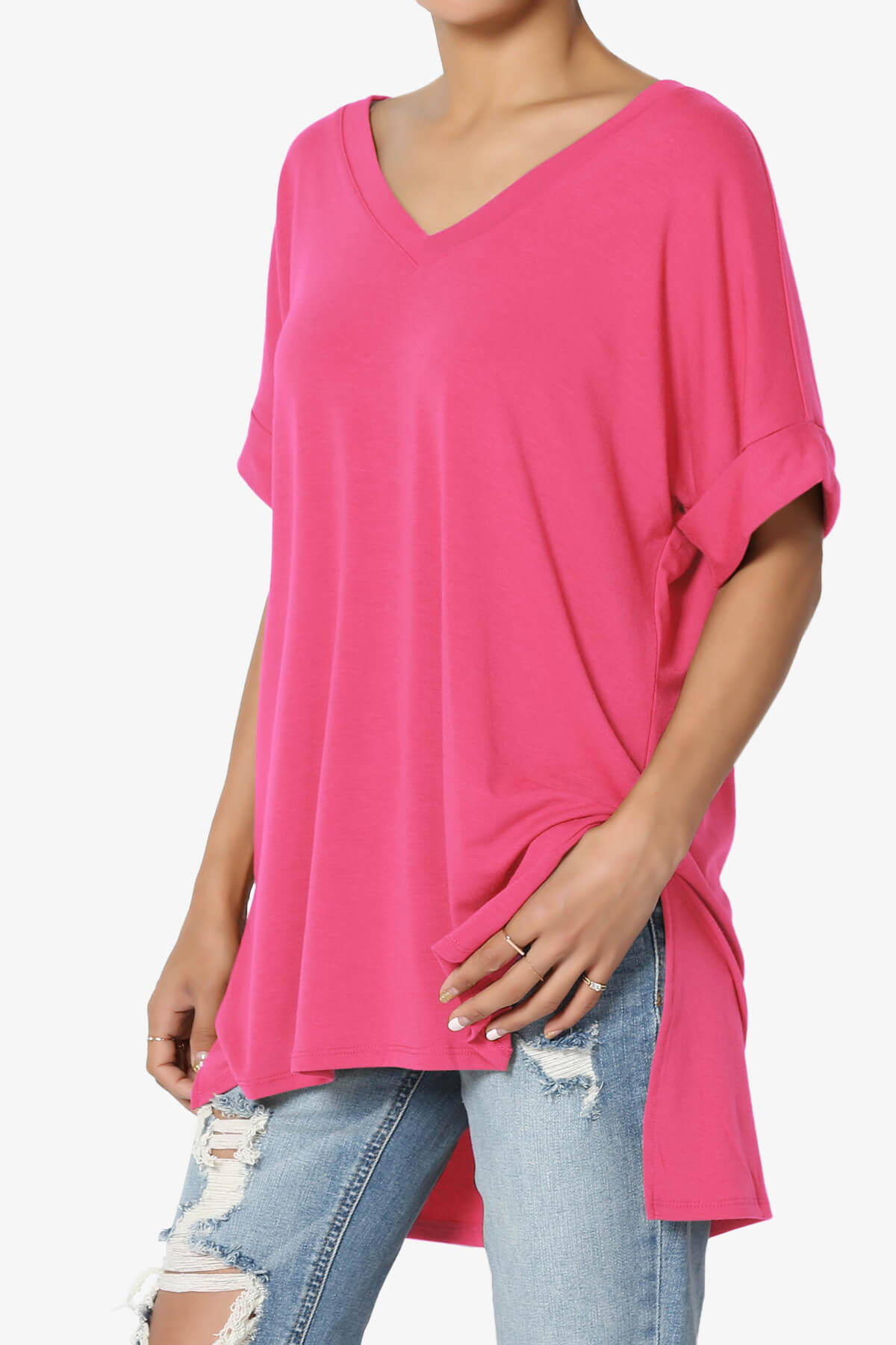 Onella V-Neck Rolled Short Sleeve Top FUCHSIA_3