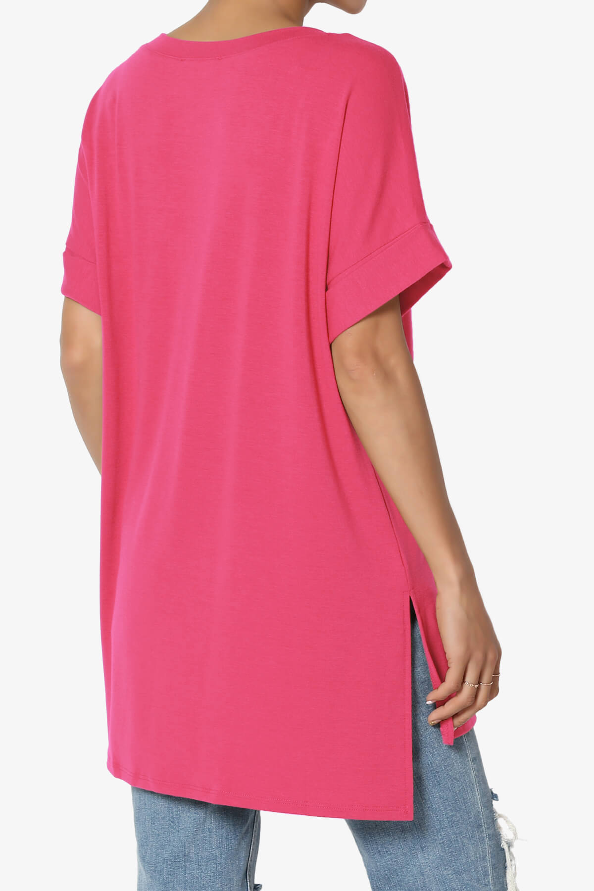 Onella V-Neck Rolled Short Sleeve Top FUCHSIA_4