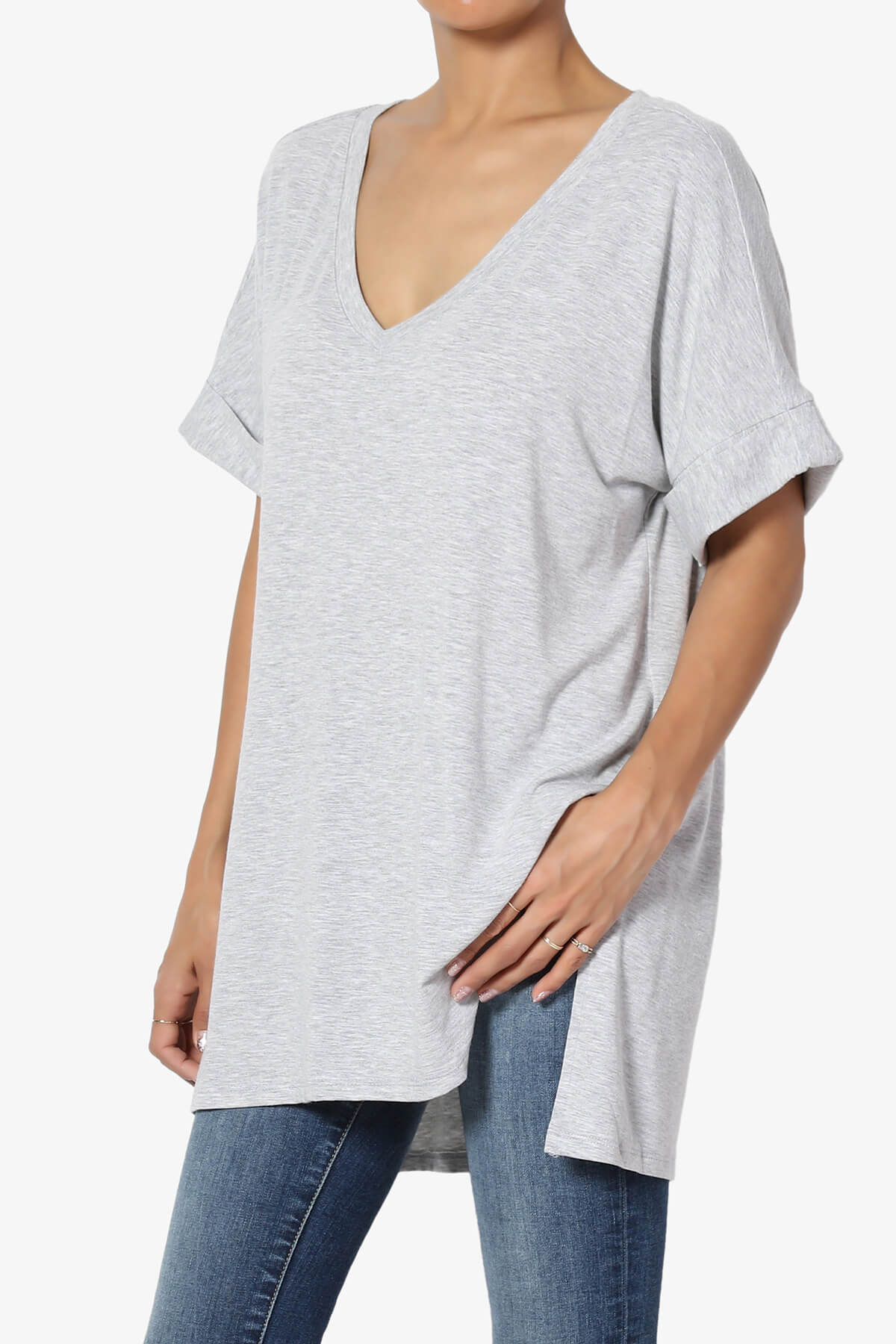 Load image into Gallery viewer, Onella V-Neck Rolled Short Sleeve Top HEATHER GREY_3
