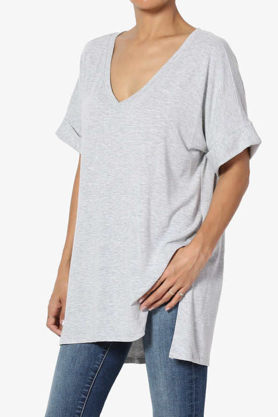 Load image into Gallery viewer, Onella V-Neck Rolled Short Sleeve Top HEATHER GREY_3
