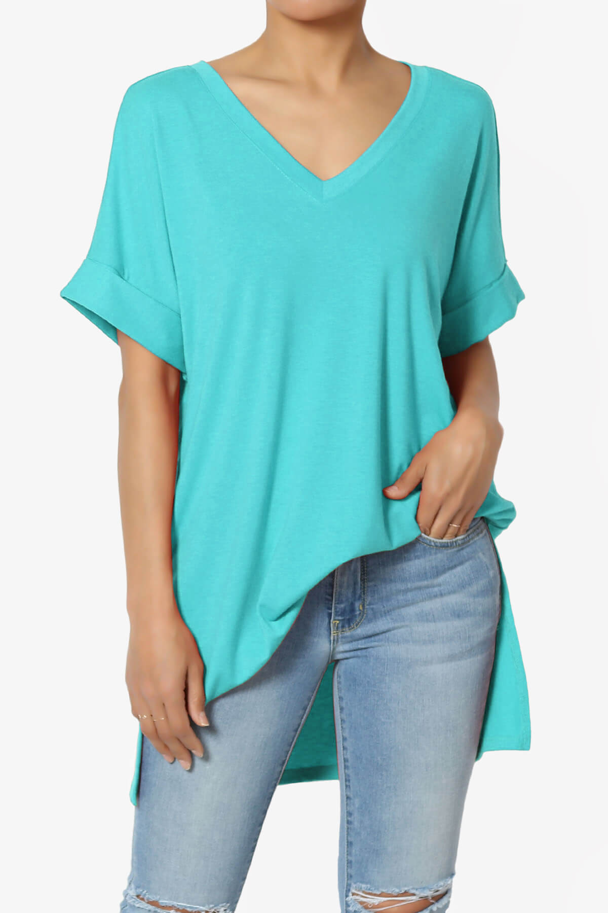 Onella V-Neck Rolled Short Sleeve Top ICE BLUE_1