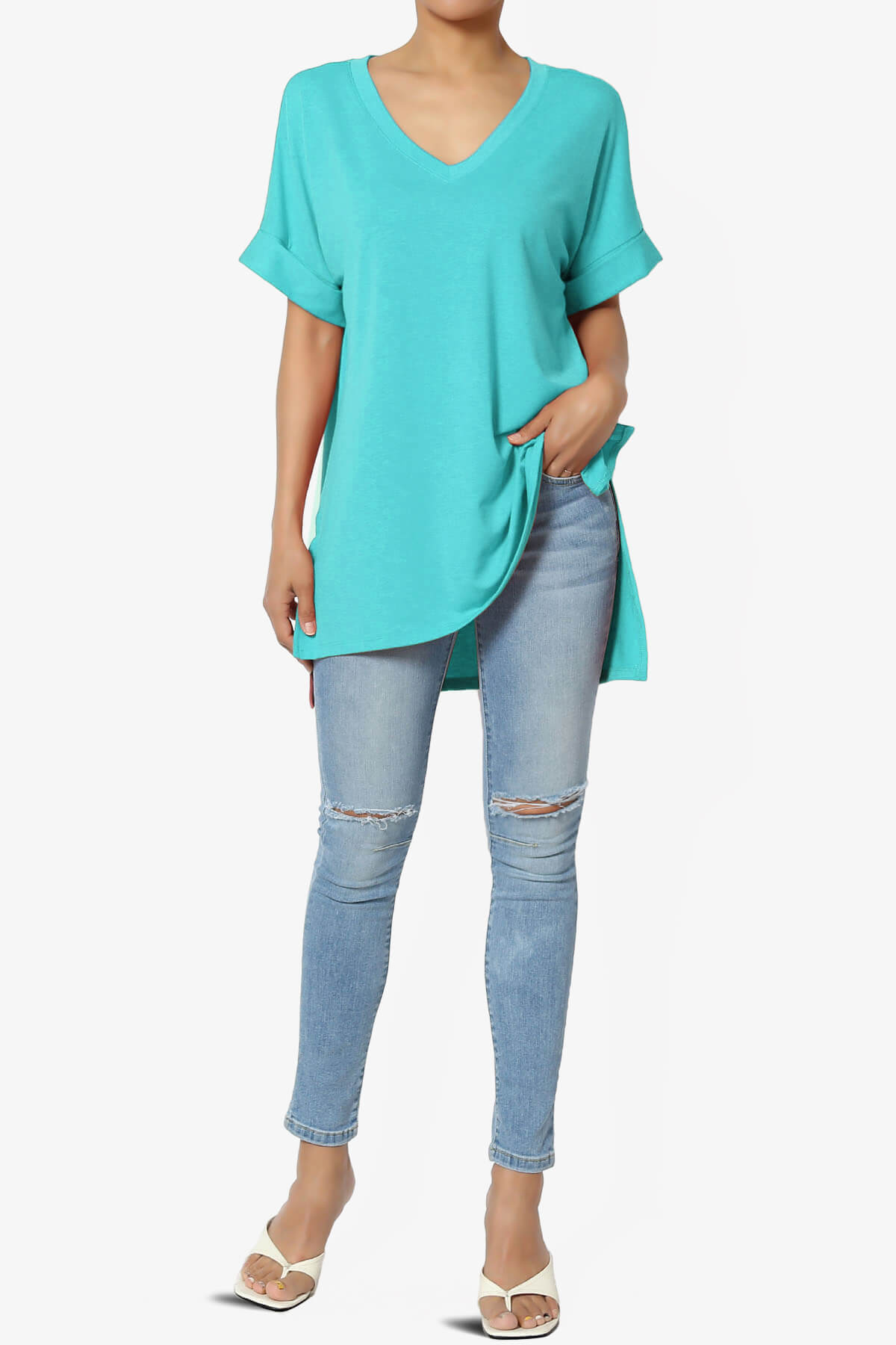 Onella V-Neck Rolled Short Sleeve Top ICE BLUE_6
