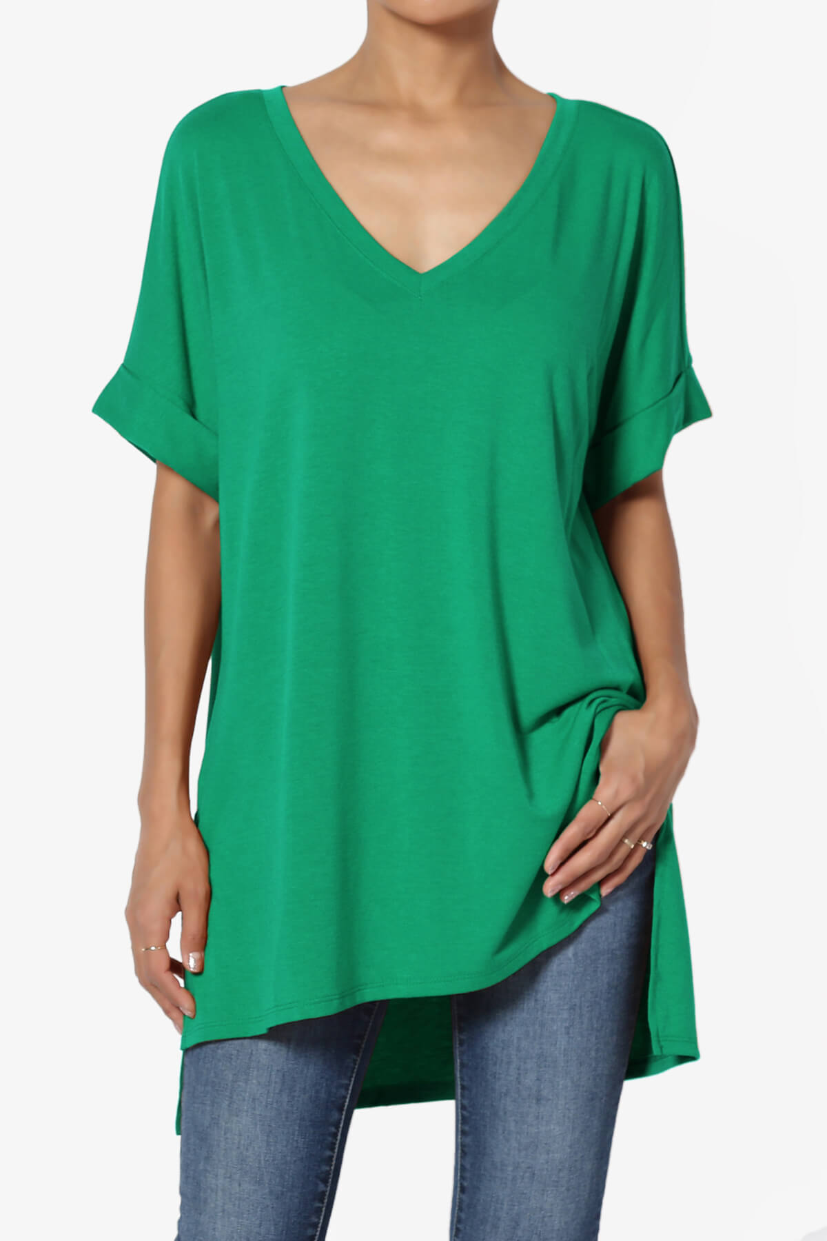 Onella V-Neck Rolled Short Sleeve Top KELLY GREEN_1