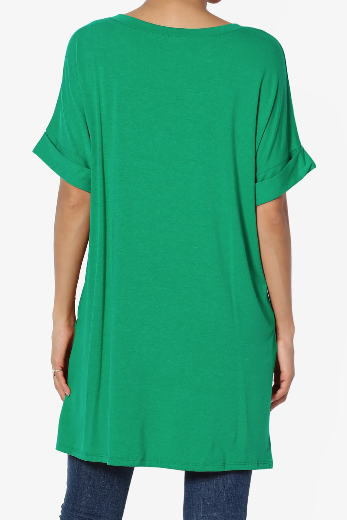 Load image into Gallery viewer, Onella V-Neck Rolled Short Sleeve Top KELLY GREEN_2
